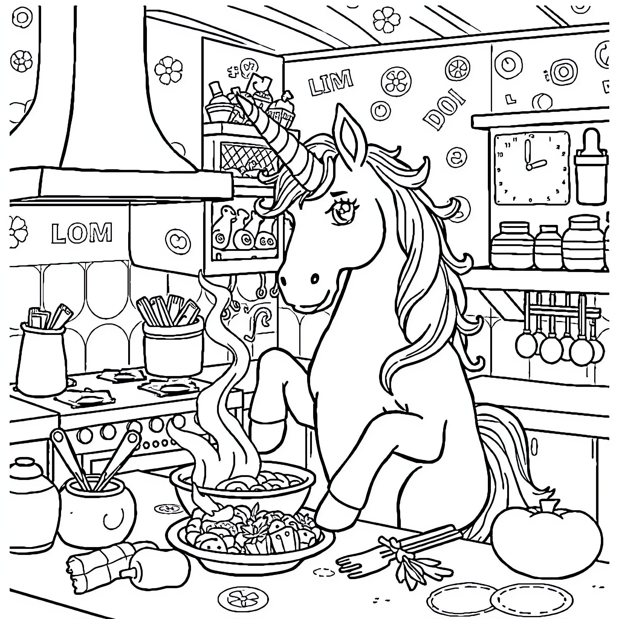 Unicorn cooking up a magical meal in the kitchen Coloring Page (free black-and-white line drawing printable PDF for all, from beginners to advanced learners, including children, teens, adults, and seniors)