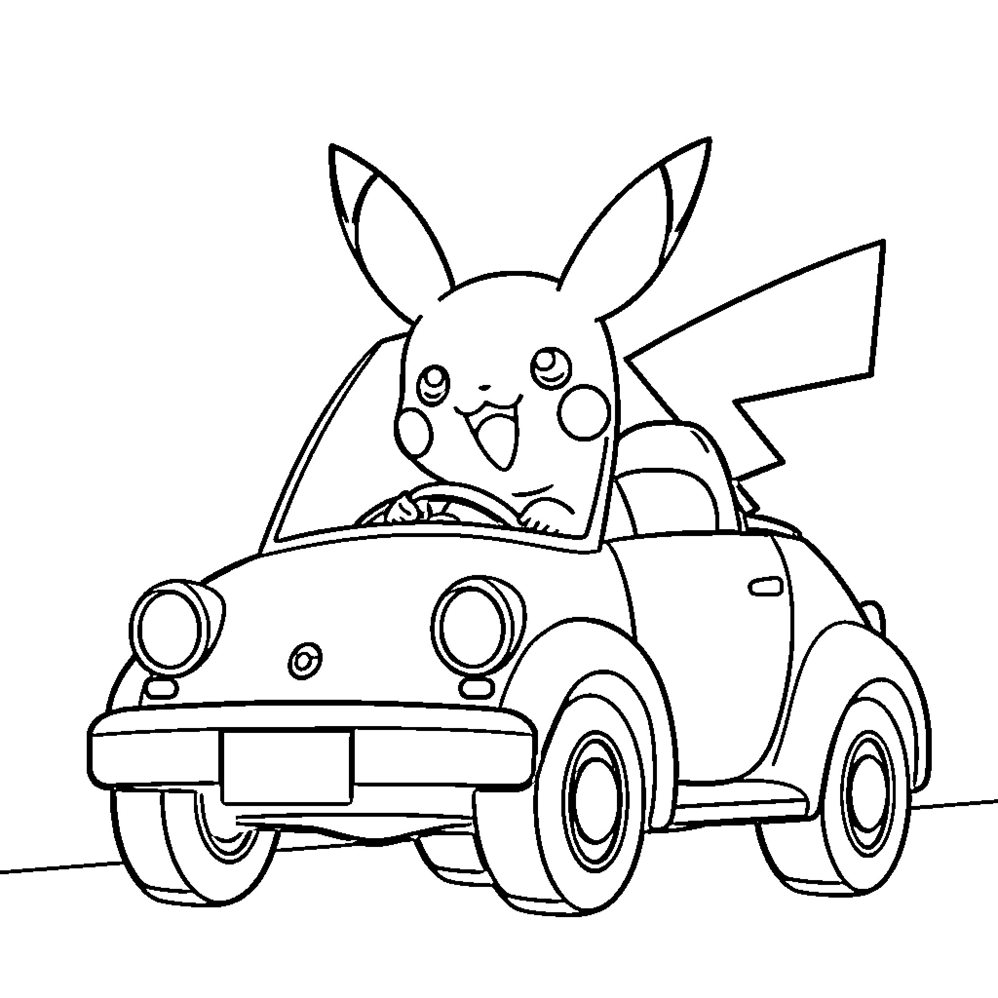 Pikachu driving a car happily Coloring Page (free black-and-white line drawing printable PDF for all, from beginners to advanced learners, including children, teens, adults, and seniors)