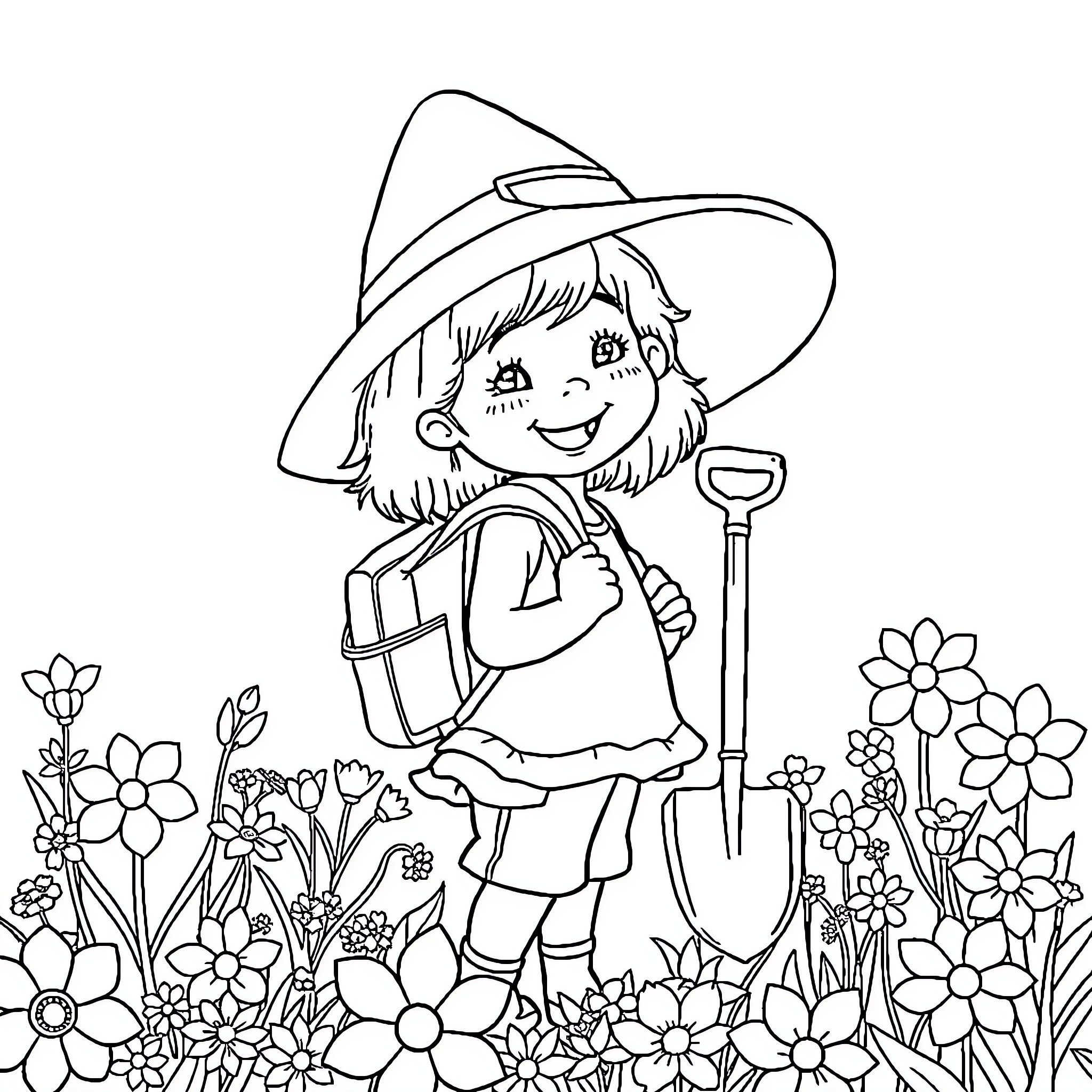 Girl exploring a flower garden with a shovel Coloring Page (free black-and-white line drawing printable PDF for all, from beginners to advanced learners, including children, teens, adults, and seniors)