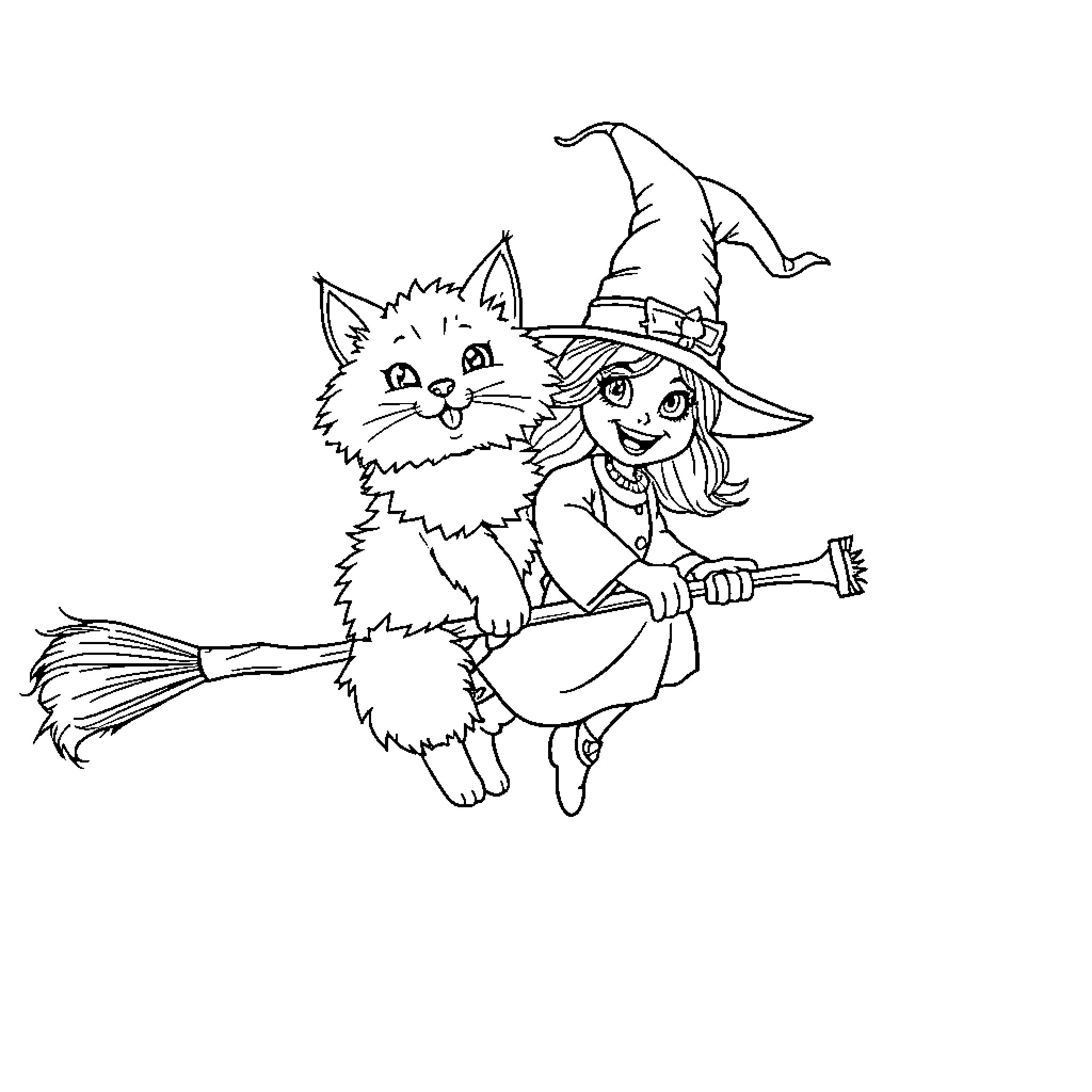Cat and Witch Riding Broomstick Coloring Page (free black-and-white line drawing printable PDF for all, from beginners to advanced learners, including children, teens, adults, and seniors)