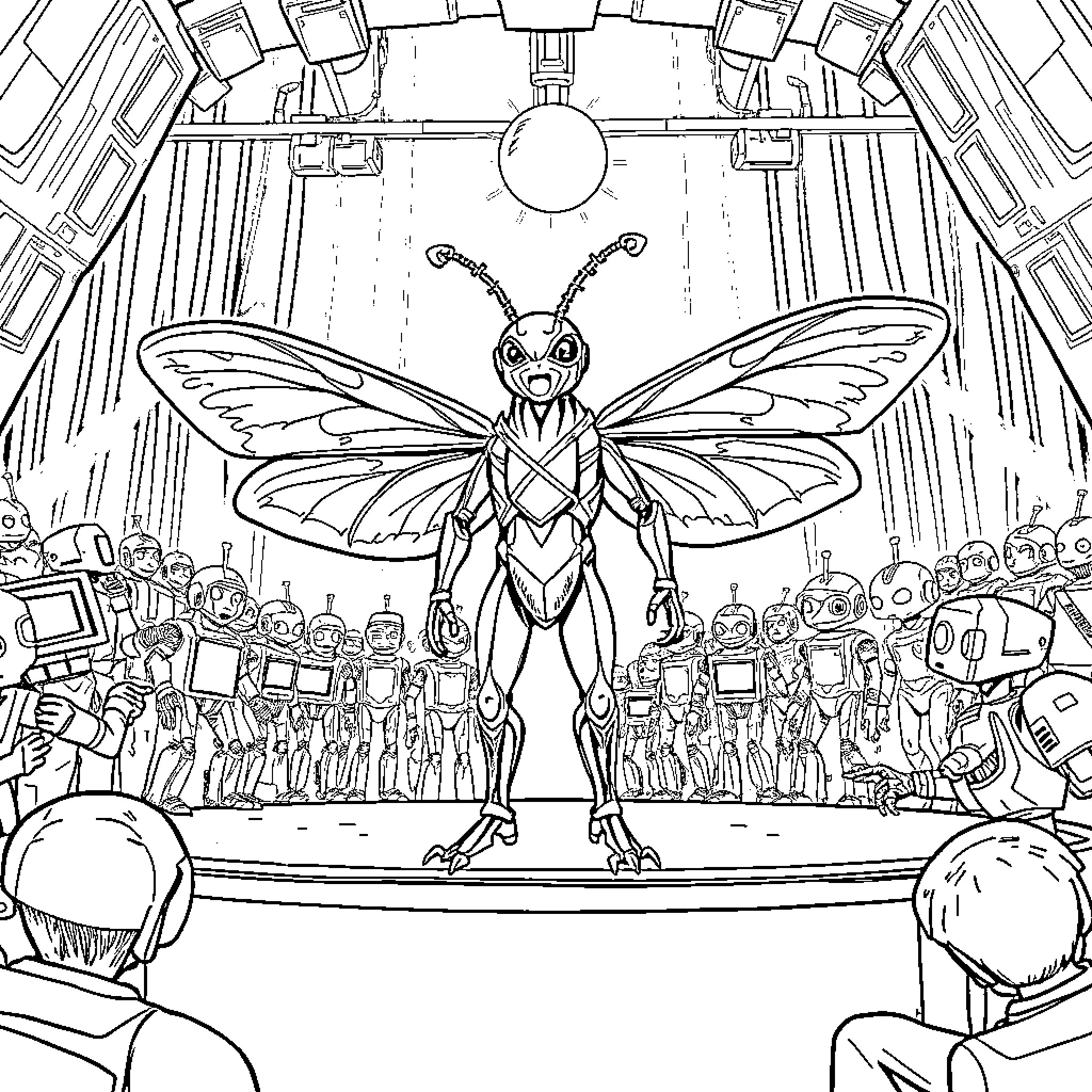 Mothman surrounded by strange figures in an experimental setting Coloring Page (free black-and-white line drawing printable PDF for all, from beginners to advanced learners, including children, teens, adults, and seniors)