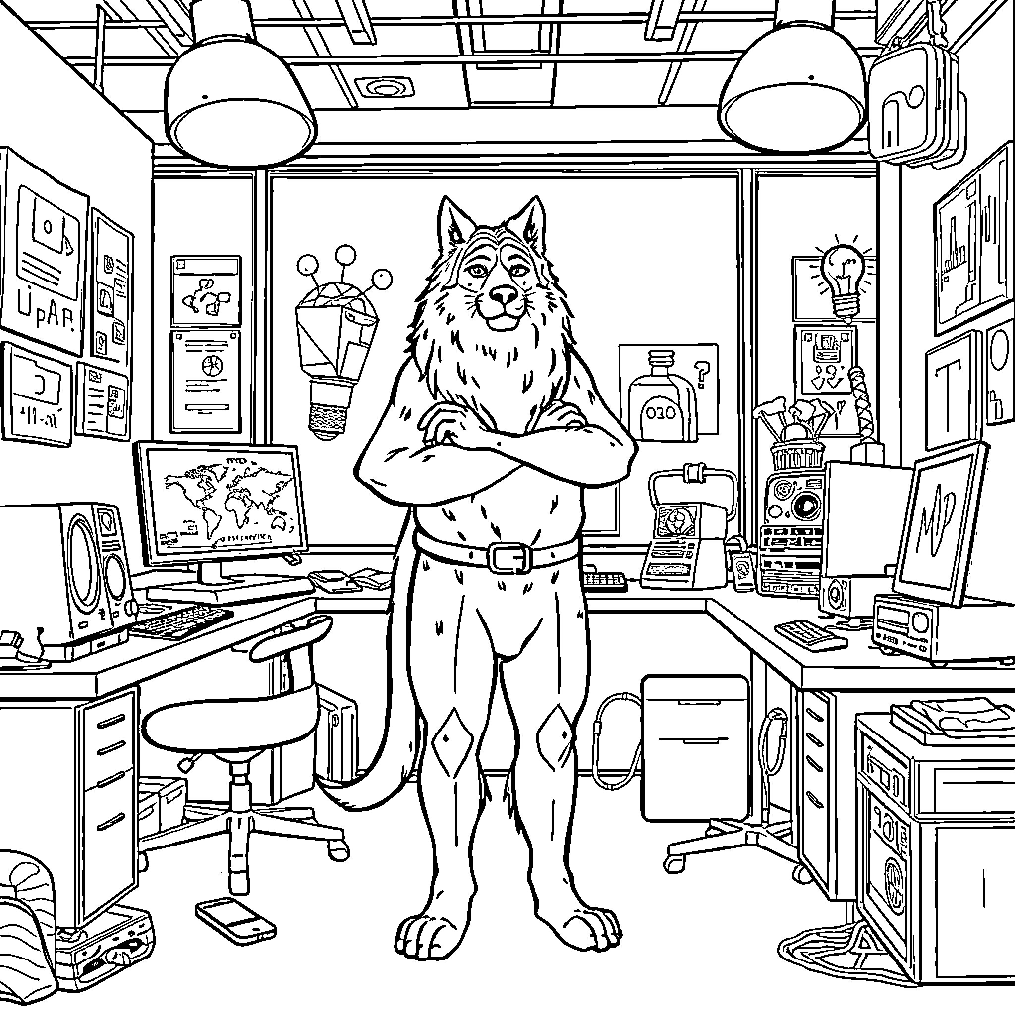 Rumi the Wolf in a Busy Office Coloring Page (free black-and-white line drawing printable PDF for all, from beginners to advanced learners, including children, teens, adults, and seniors)