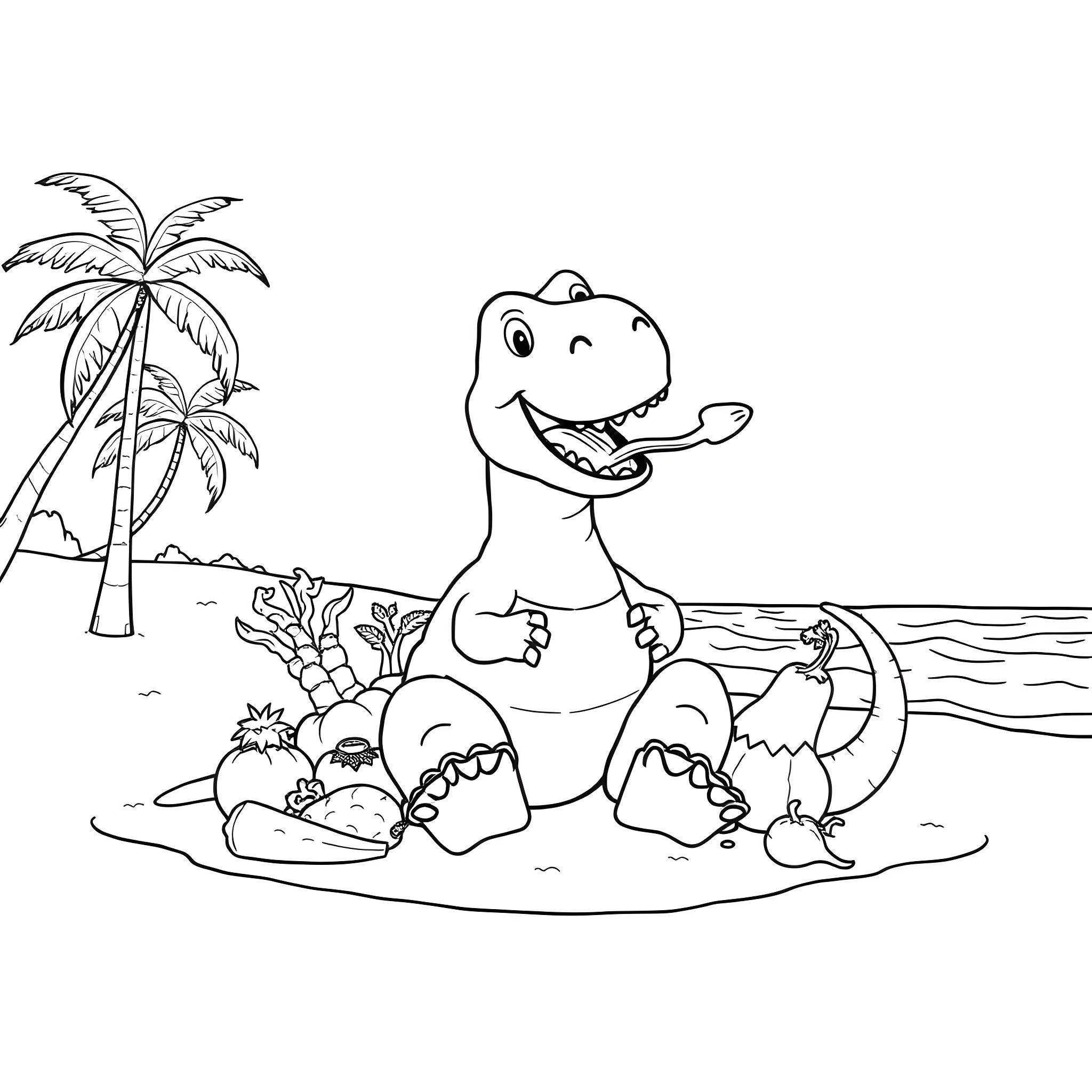 Dinosaur enjoying a tropical beach scene Coloring Page (free black-and-white line drawing printable PDF for all, from beginners to advanced learners, including children, teens, adults, and seniors)