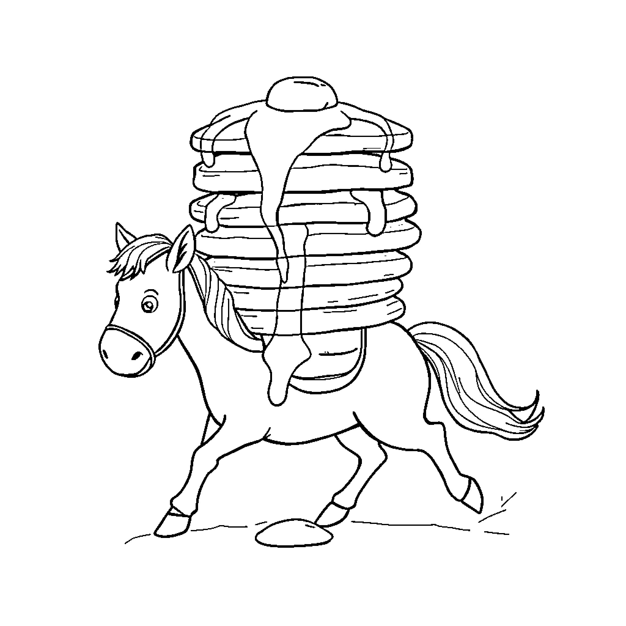 Pancake Horse Carrying a Stack of Pancakes Coloring Page (free black-and-white line drawing printable PDF for all, from beginners to advanced learners, including children, teens, adults, and seniors)