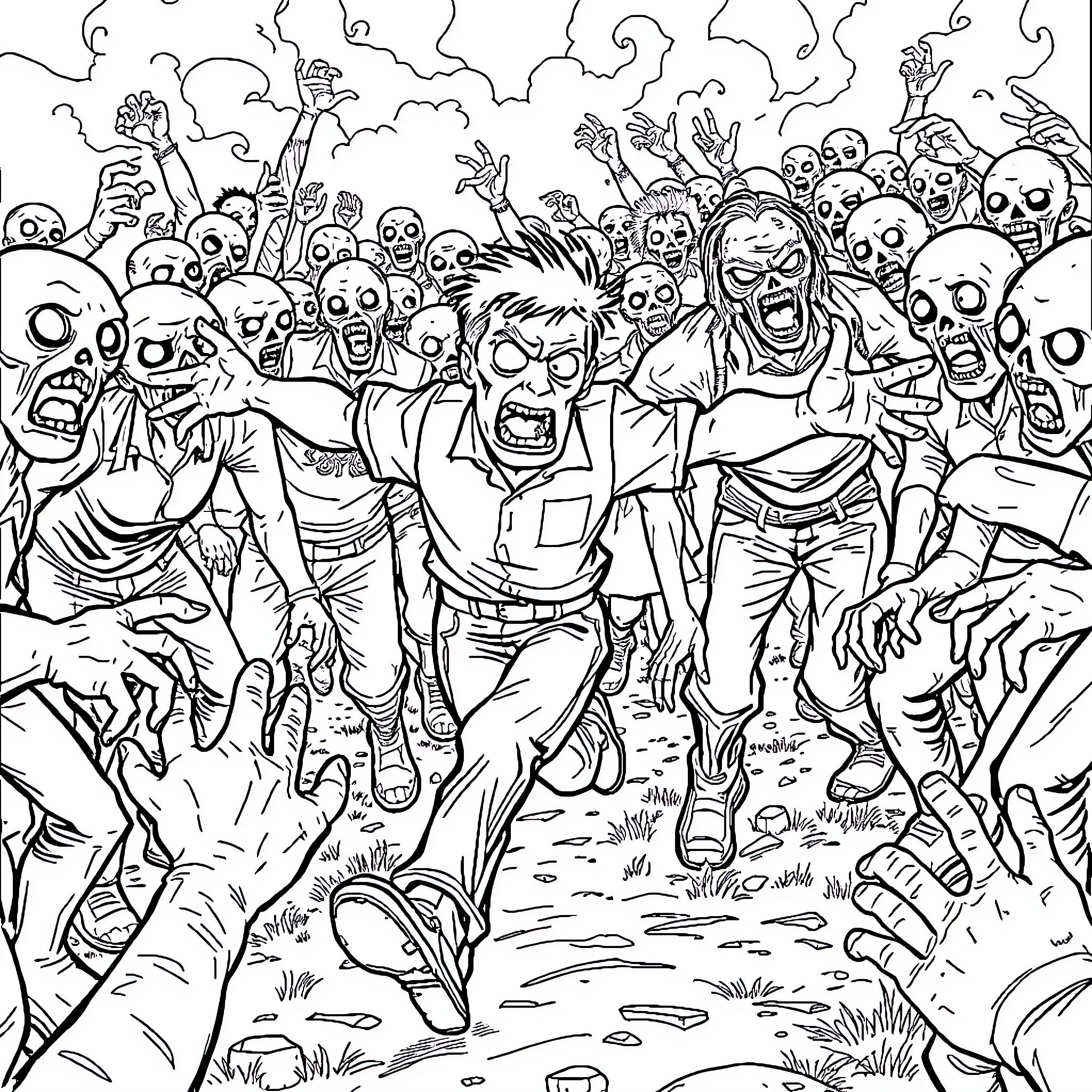Emmit Smitt's Escape from the Zombie Horde Coloring Page (free black-and-white line drawing printable PDF for all, from beginners to advanced learners, including children, teens, adults, and seniors)