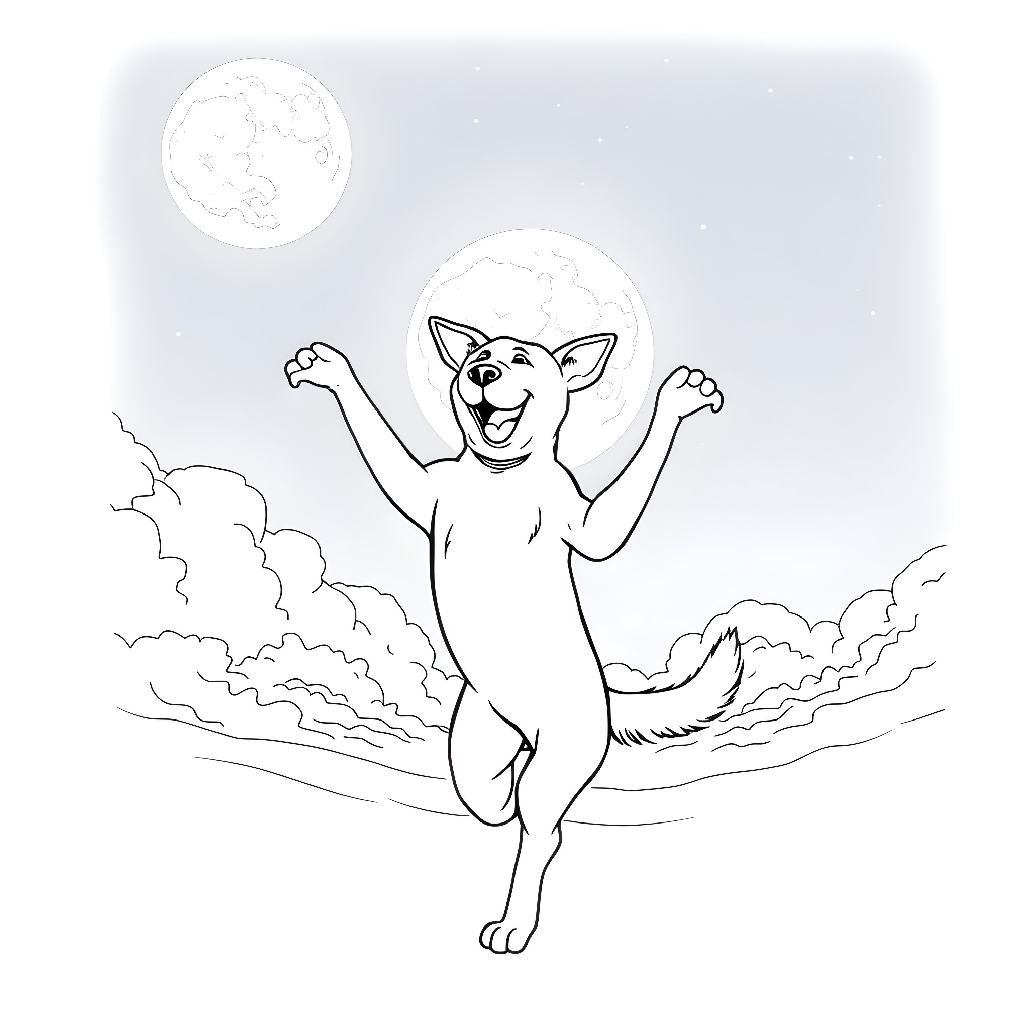 Dog happily jumping under the moonlight Coloring Page (free black-and-white line drawing printable PDF for all, from beginners to advanced learners, including children, teens, adults, and seniors)