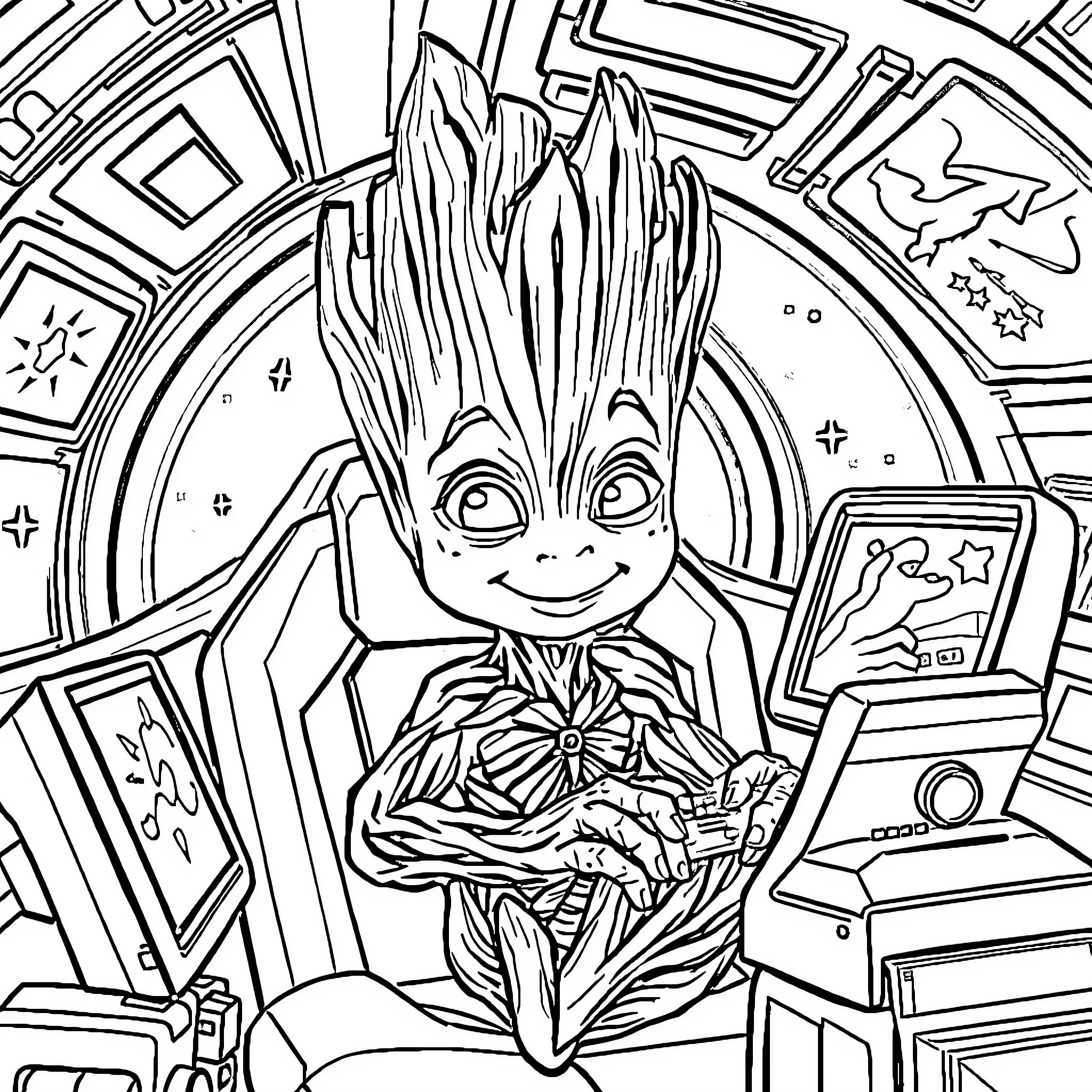 Groot playing in a futuristic sci-fi setting Coloring Page (free black-and-white line drawing printable PDF for all, from beginners to advanced learners, including children, teens, adults, and seniors)