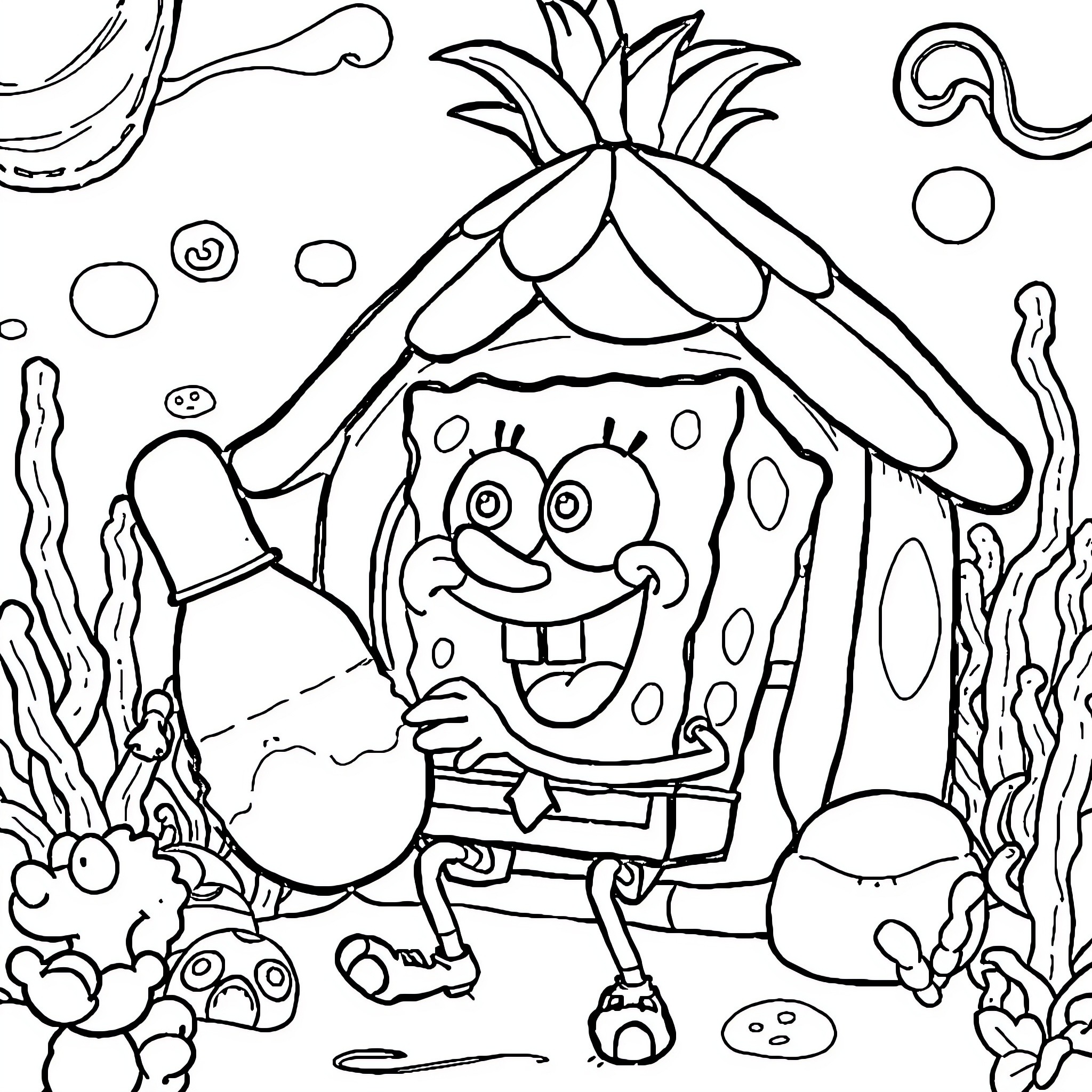 Spongebob's Underwater Adventure Coloring Page (free black-and-white line drawing printable PDF for all, from beginners to advanced learners, including children, teens, adults, and seniors)