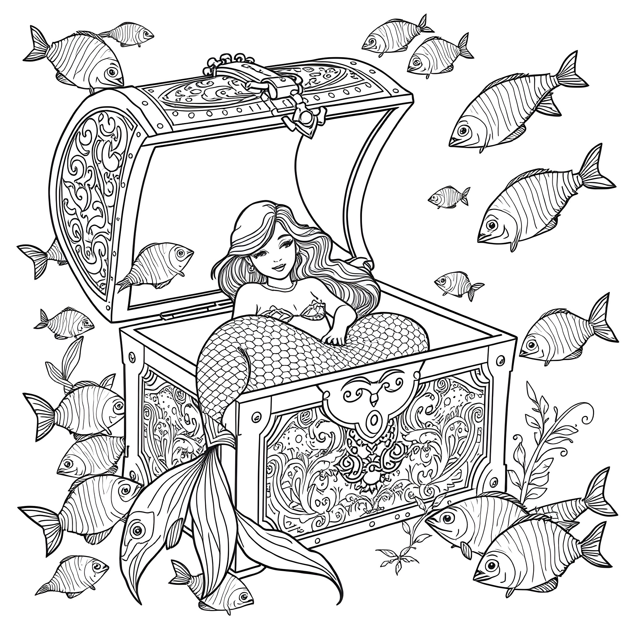 Mermaid Finding Treasure in the Sea Coloring Page (free black-and-white line drawing printable PDF for all, from beginners to advanced learners, including children, teens, adults, and seniors)