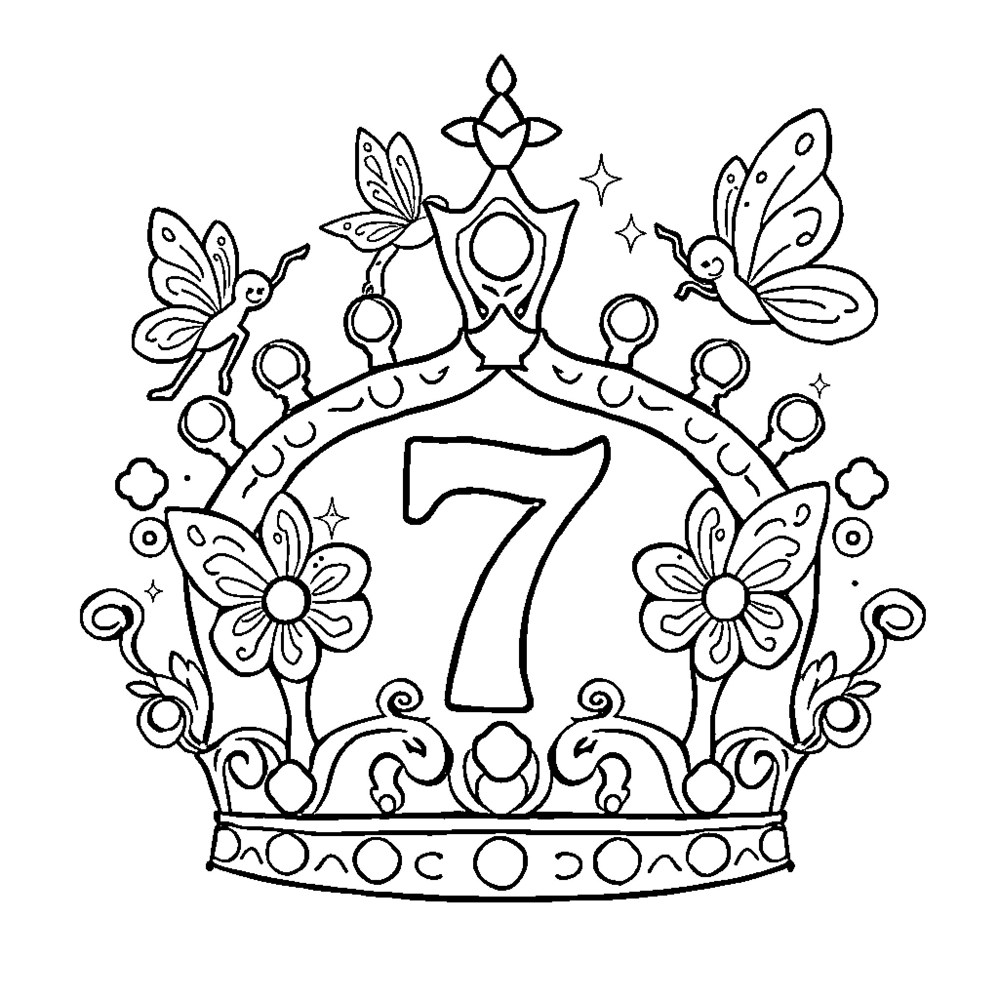 Crown Adorned with Flowers and Butterflies Coloring Page (free black-and-white line drawing printable PDF for all, from beginners to advanced learners, including children, teens, adults, and seniors)
