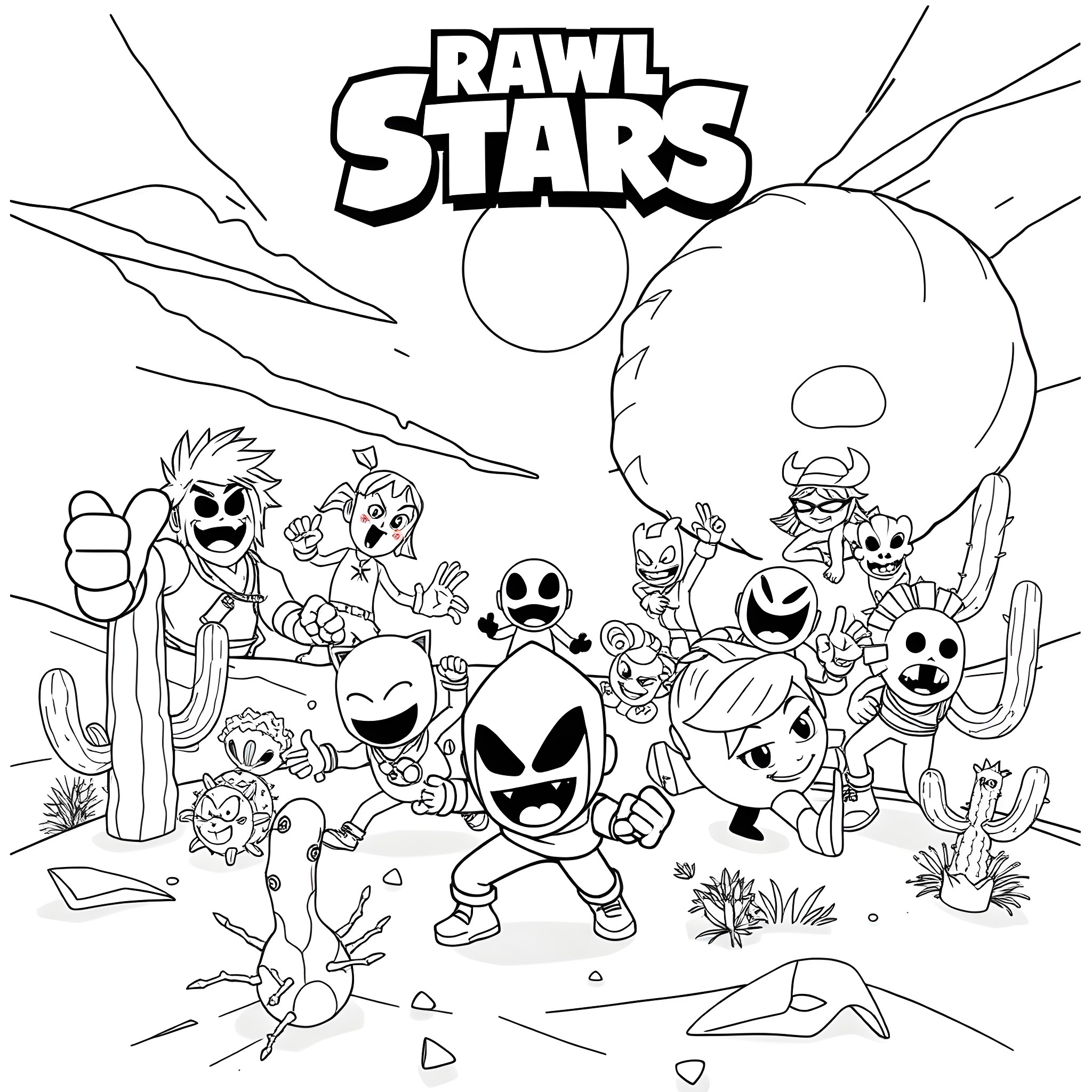 Brawl Stars: Playful Characters in an Adventurous Setting Coloring Page (free black-and-white line drawing printable PDF for all, from beginners to advanced learners, including children, teens, adults, and seniors)
