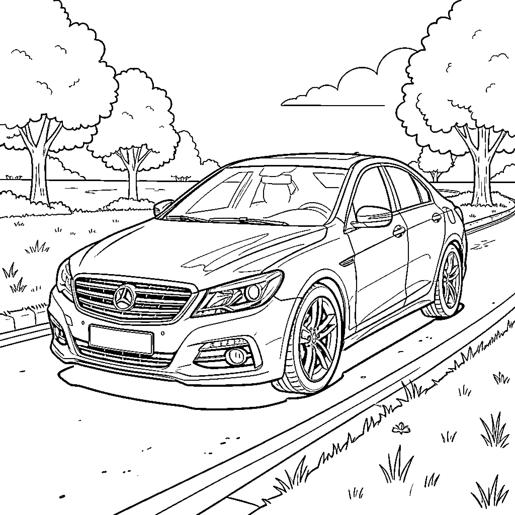 Car on the road in scenic nature landscape Coloring Page (free black-and-white line drawing printable PDF for all, from beginners to advanced learners, including children, teens, adults, and seniors)