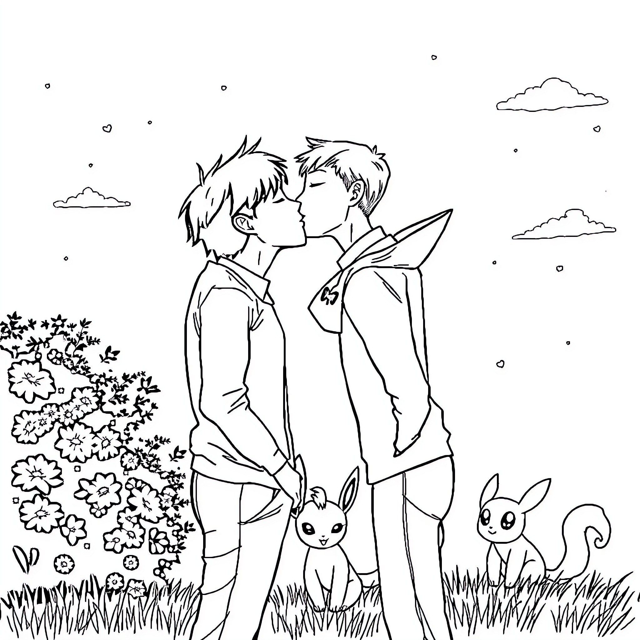 Guy Sharing a Tender Moment with Partner in Nature Coloring Page (free black-and-white line drawing printable PDF for all, from beginners to advanced learners, including children, teens, adults, and seniors)