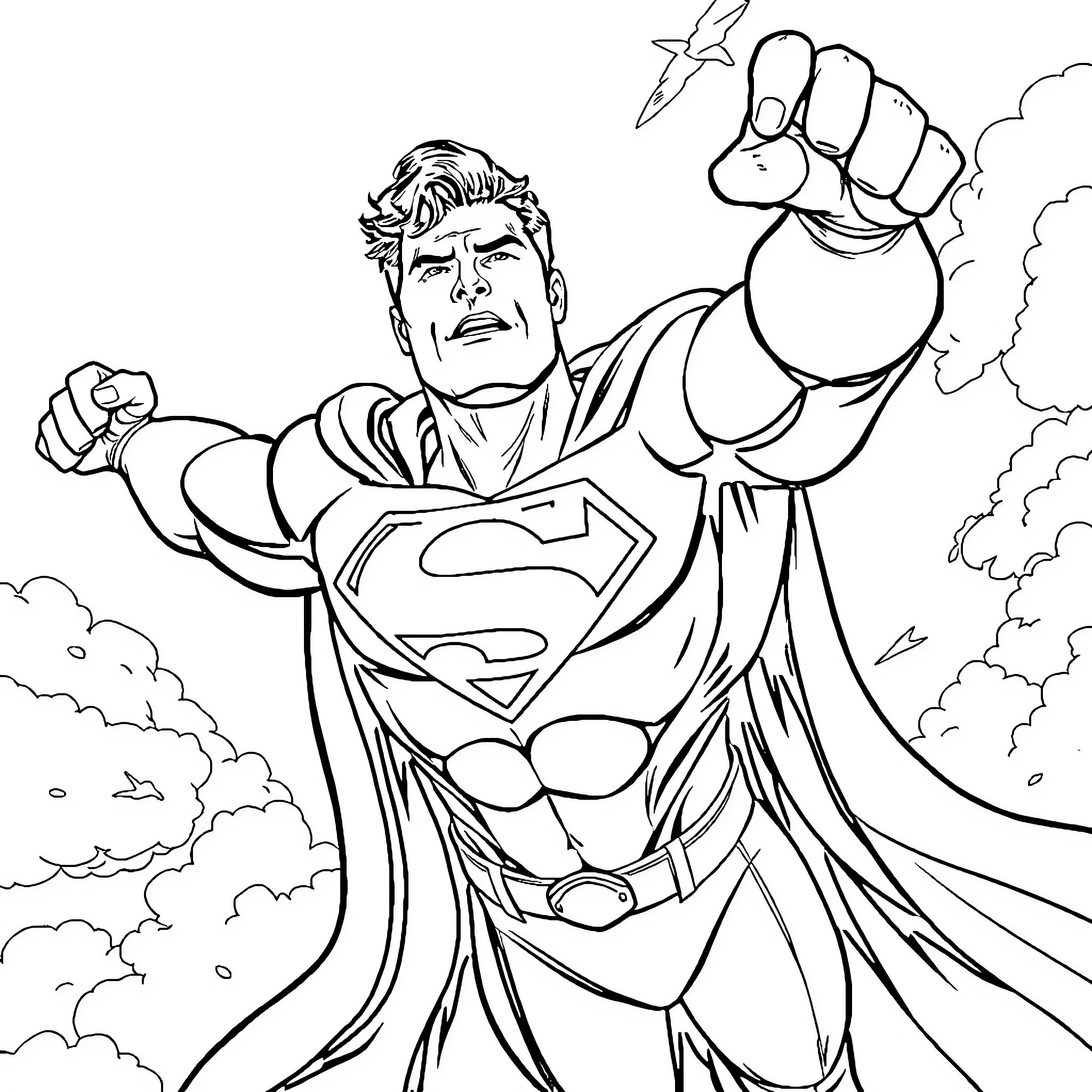 Superman fighting in action with dramatic pose Coloring Page (free black-and-white line drawing printable PDF for all, from beginners to advanced learners, including children, teens, adults, and seniors)