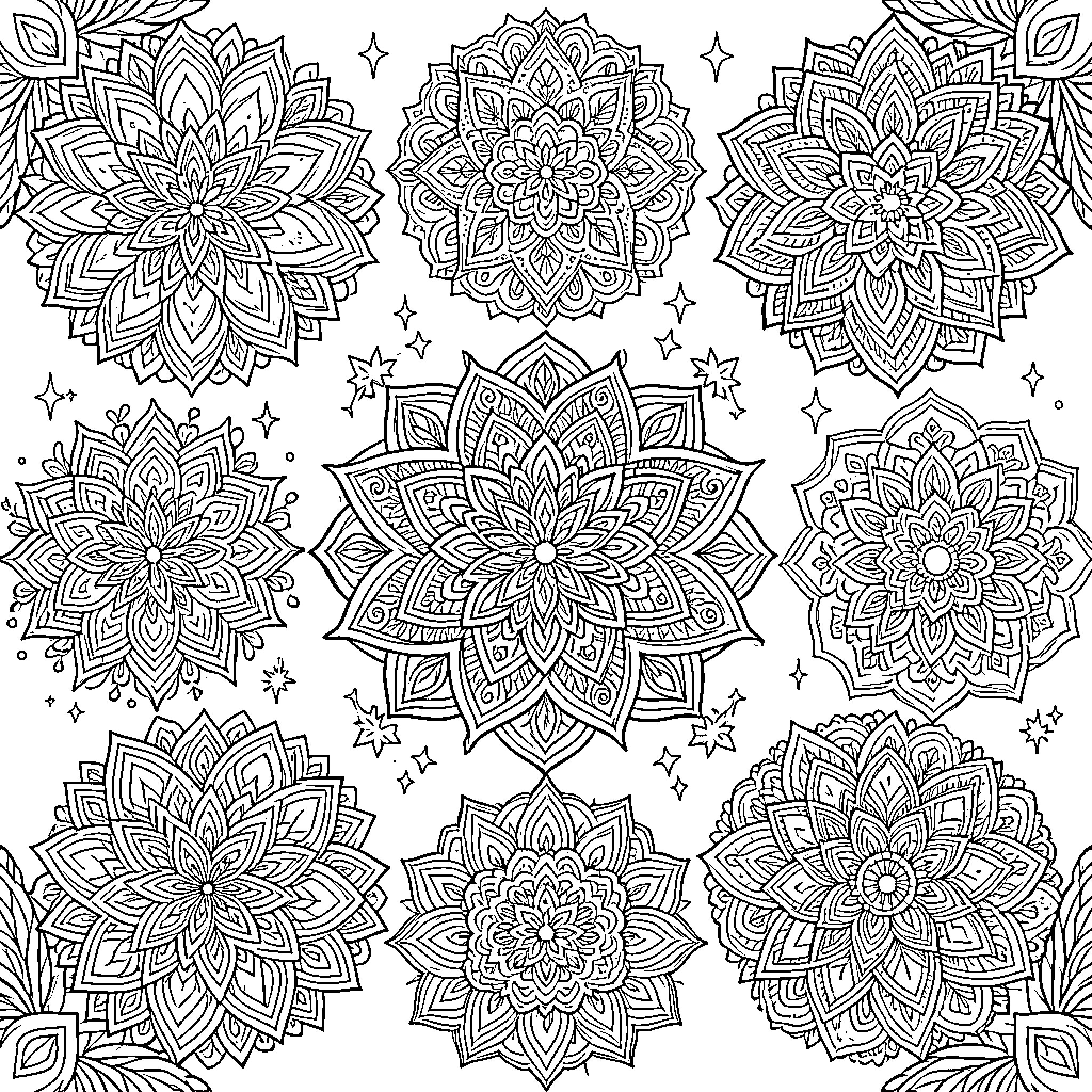 Mandalas of intricate floral designs and patterns Coloring Page (free black-and-white line drawing printable PDF for all, from beginners to advanced learners, including children, teens, adults, and seniors)