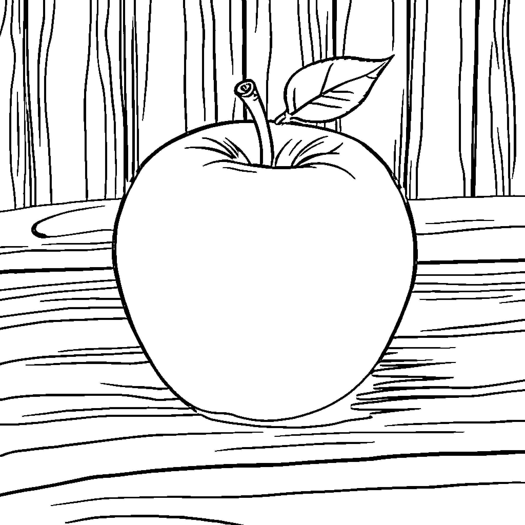 Apple on a wooden table Coloring Page (free black-and-white line drawing printable PDF for all, from beginners to advanced learners, including children, teens, adults, and seniors)