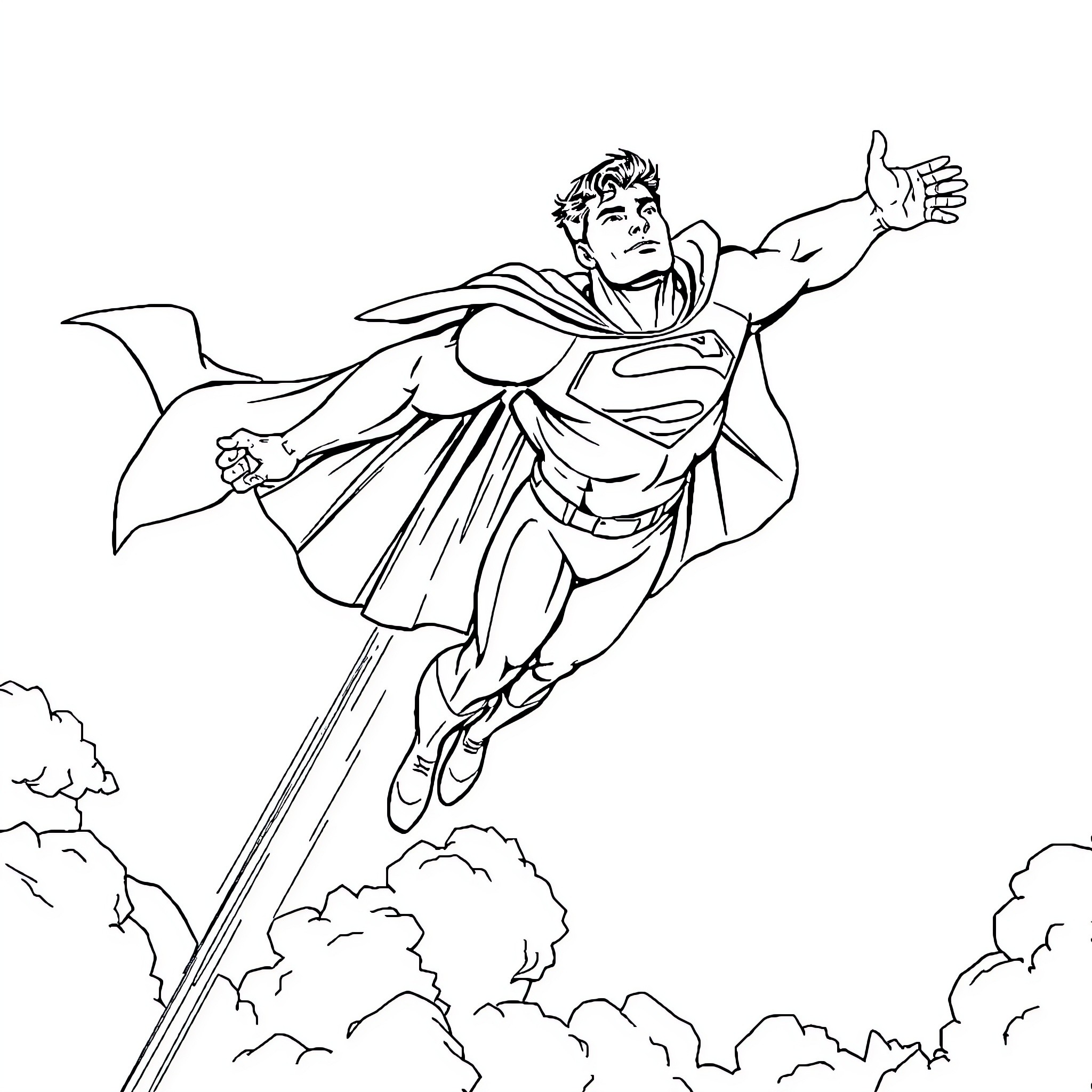 Superman soaring through the sky in heroic pose Coloring Page (free black-and-white line drawing printable PDF for all, from beginners to advanced learners, including children, teens, adults, and seniors)