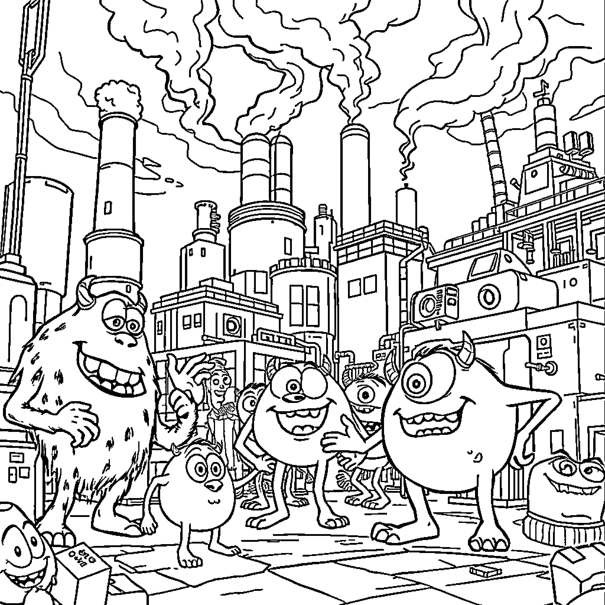 Monster Gang's Mischievous Adventures in the Industrial City Coloring Page (free black-and-white line drawing printable PDF for all, from beginners to advanced learners, including children, teens, adults, and seniors)