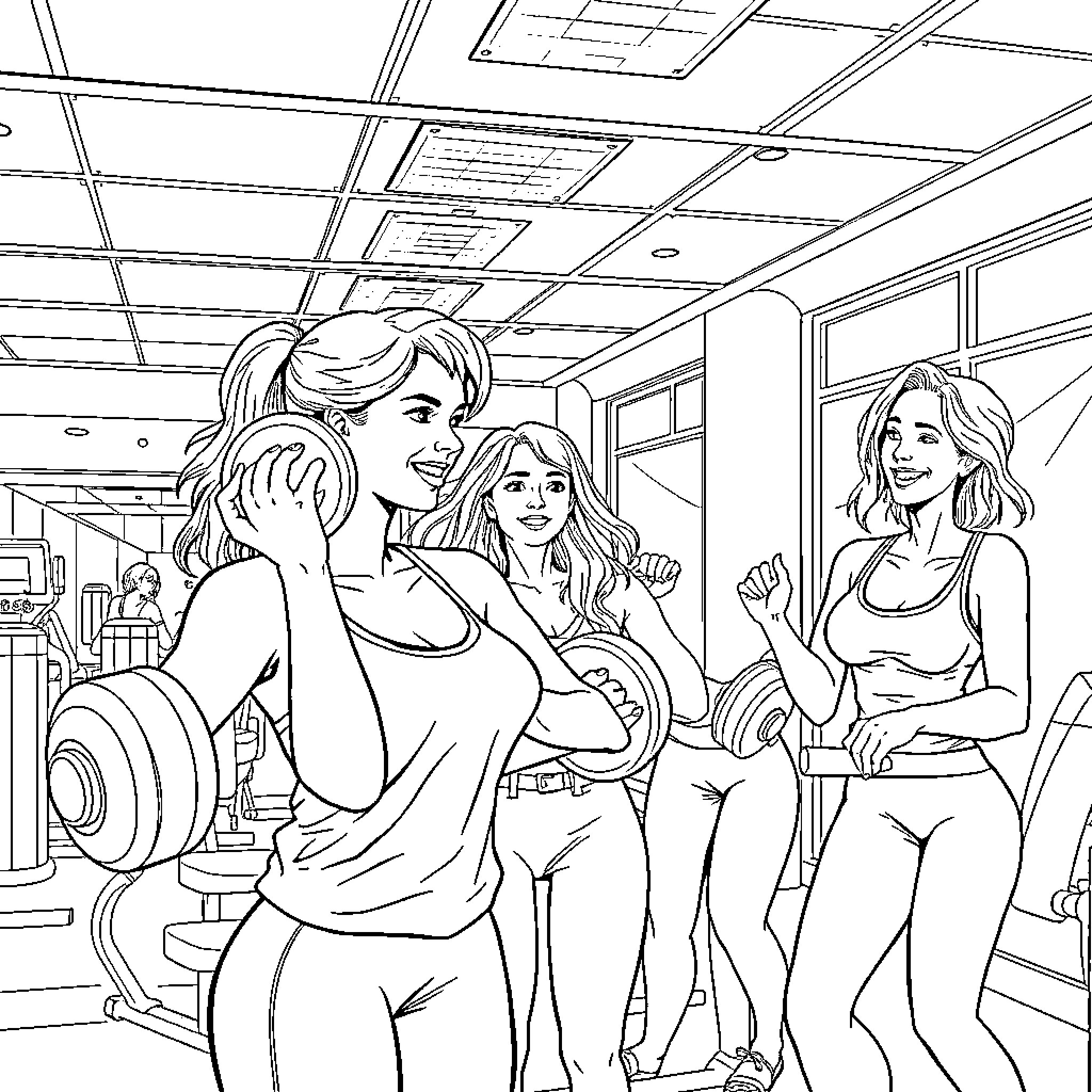 Woman exercising with friends at the gym Coloring Page (free black-and-white line drawing printable PDF for all, from beginners to advanced learners, including children, teens, adults, and seniors)