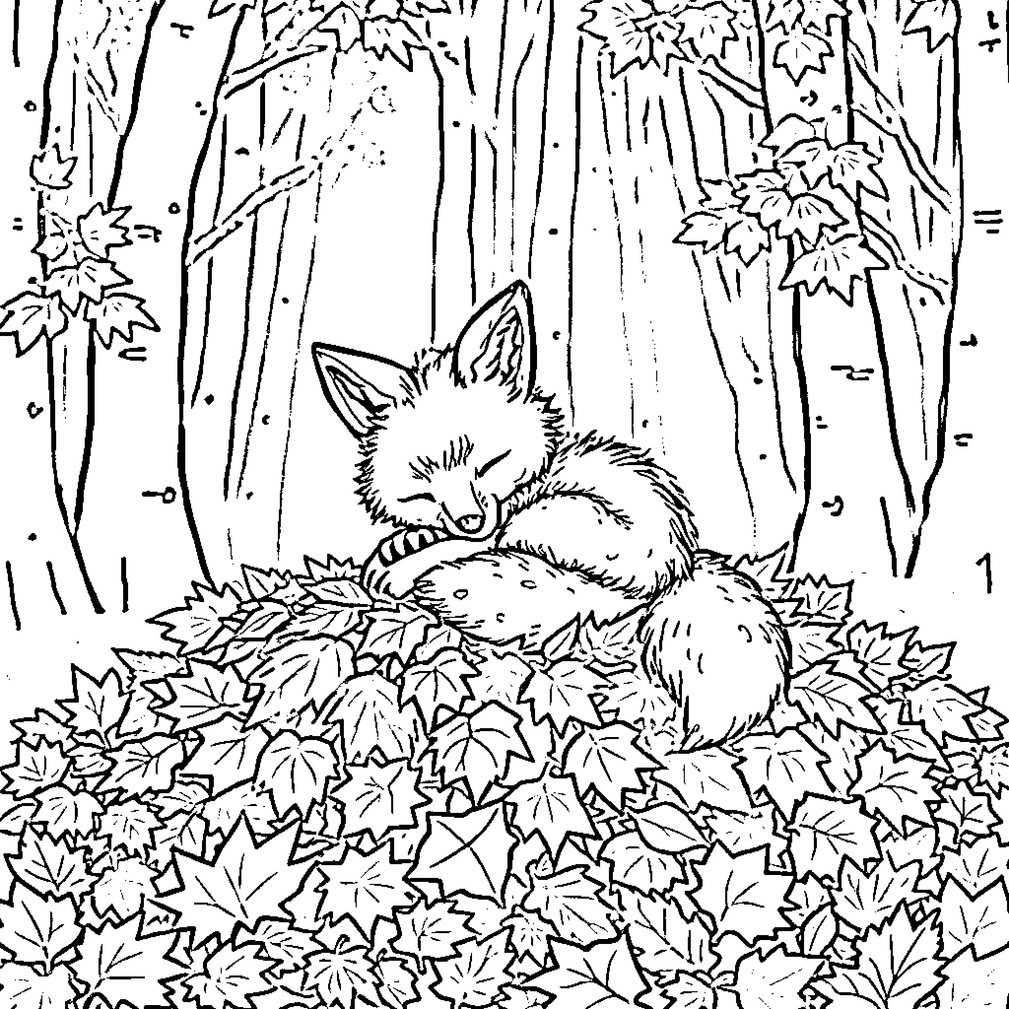 Fox napping in a cozy leaf pile Coloring Page (free black-and-white line drawing printable PDF for all, from beginners to advanced learners, including children, teens, adults, and seniors)