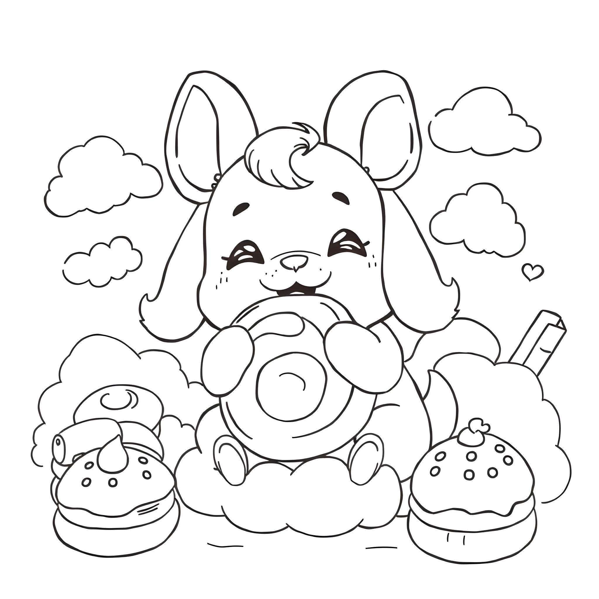 Cinnamoroll enjoying desserts in the clouds Coloring Page (free black-and-white line drawing printable PDF for all, from beginners to advanced learners, including children, teens, adults, and seniors)