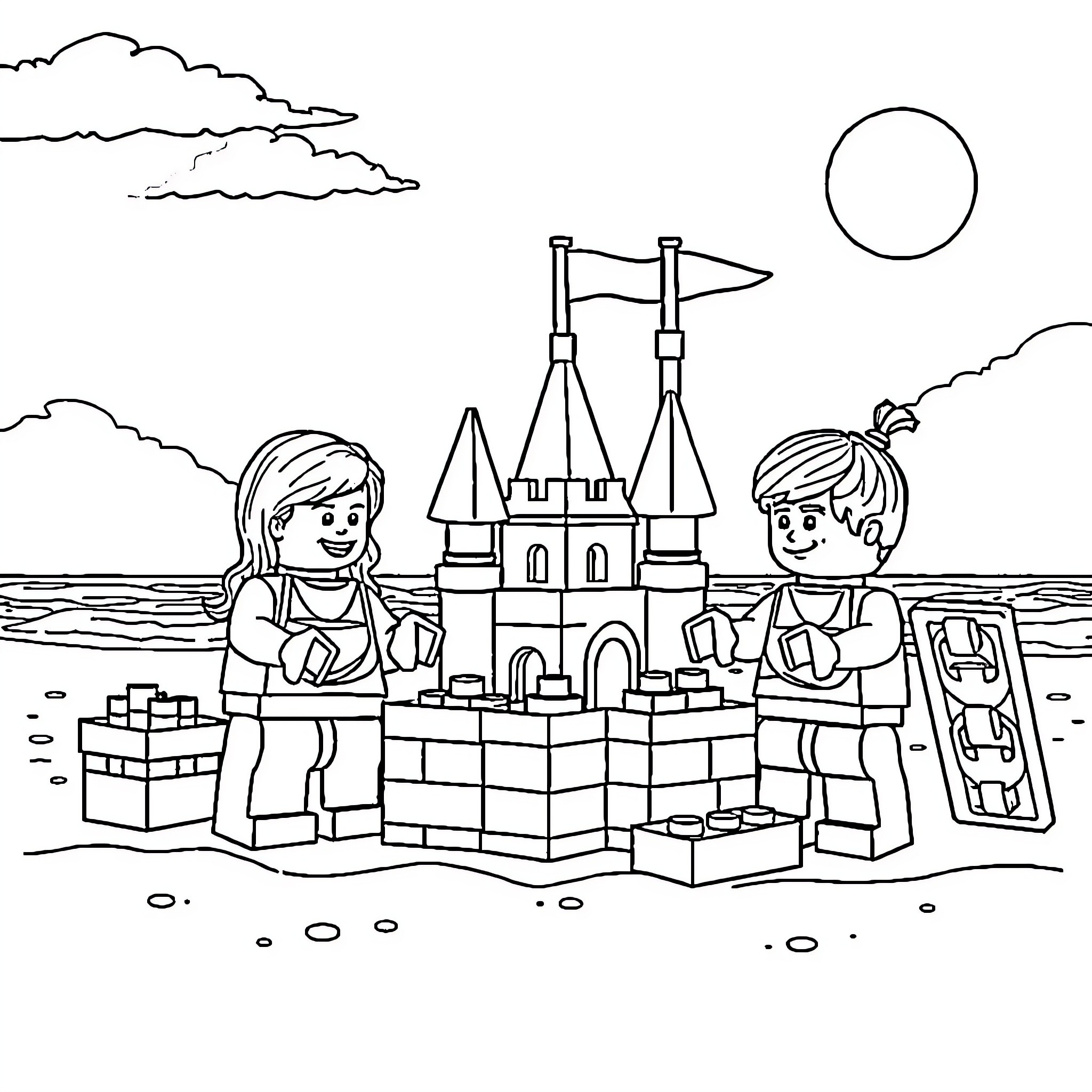 Lego Friends building sandcastle on the beach Coloring Page (free black-and-white line drawing printable PDF for all, from beginners to advanced learners, including children, teens, adults, and seniors)