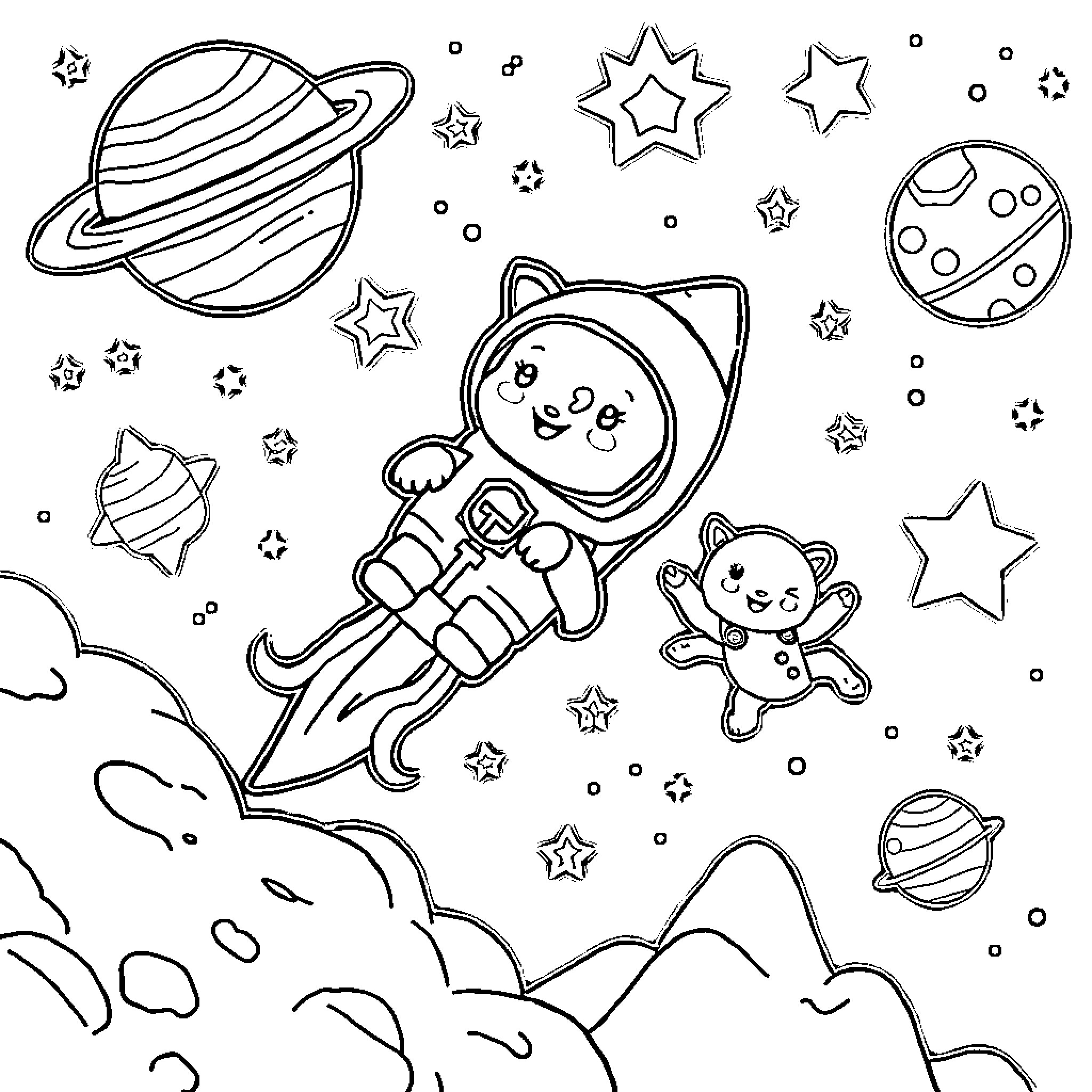 Animal astronauts exploring the universe with stars Coloring Page (free black-and-white line drawing printable PDF for all, from beginners to advanced learners, including children, teens, adults, and seniors)