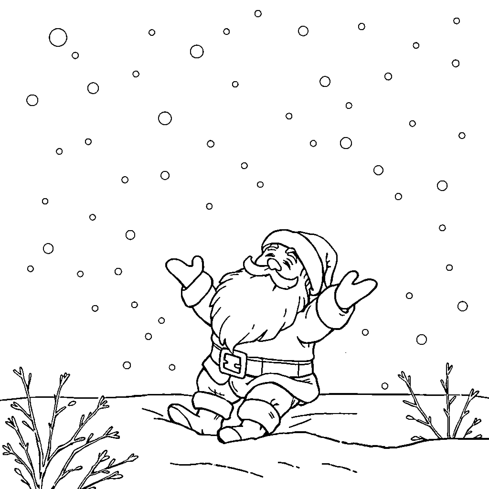 Santa enjoying the winter snow Coloring Page (free black-and-white line drawing printable PDF for all, from beginners to advanced learners, including children, teens, adults, and seniors)