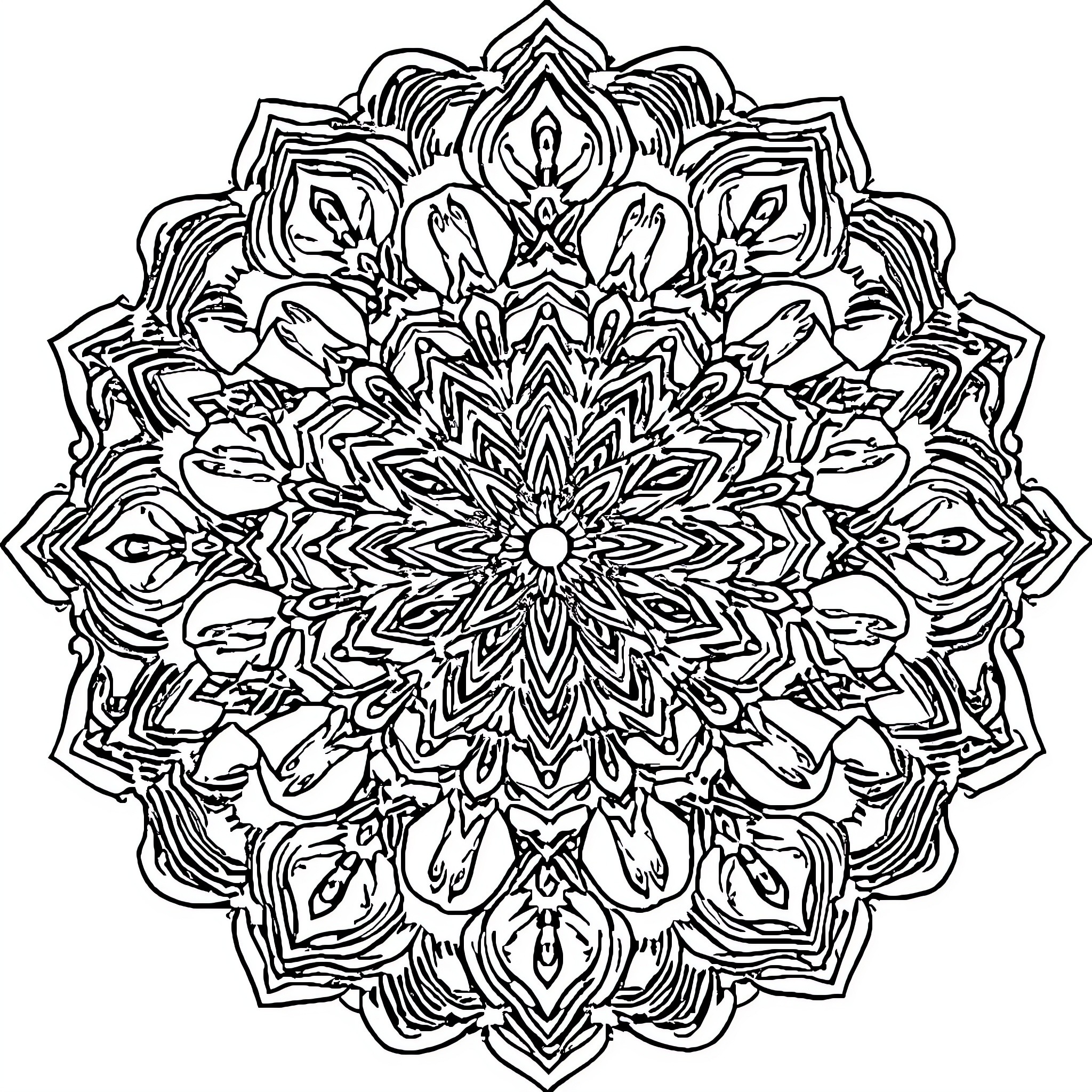 Mandala of intricate floral patterns Coloring Page (free black-and-white line drawing printable PDF for all, from beginners to advanced learners, including children, teens, adults, and seniors)