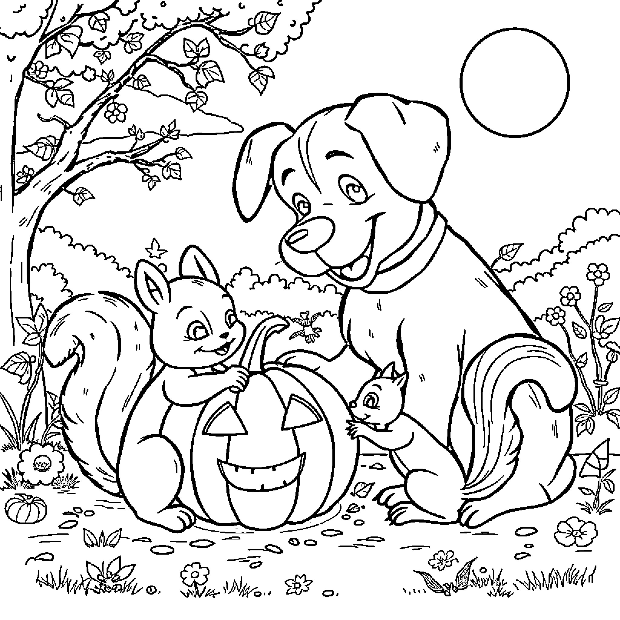 Dog playing with squirrel and pumpkin in autumn Coloring Page (free black-and-white line drawing printable PDF for all, from beginners to advanced learners, including children, teens, adults, and seniors)
