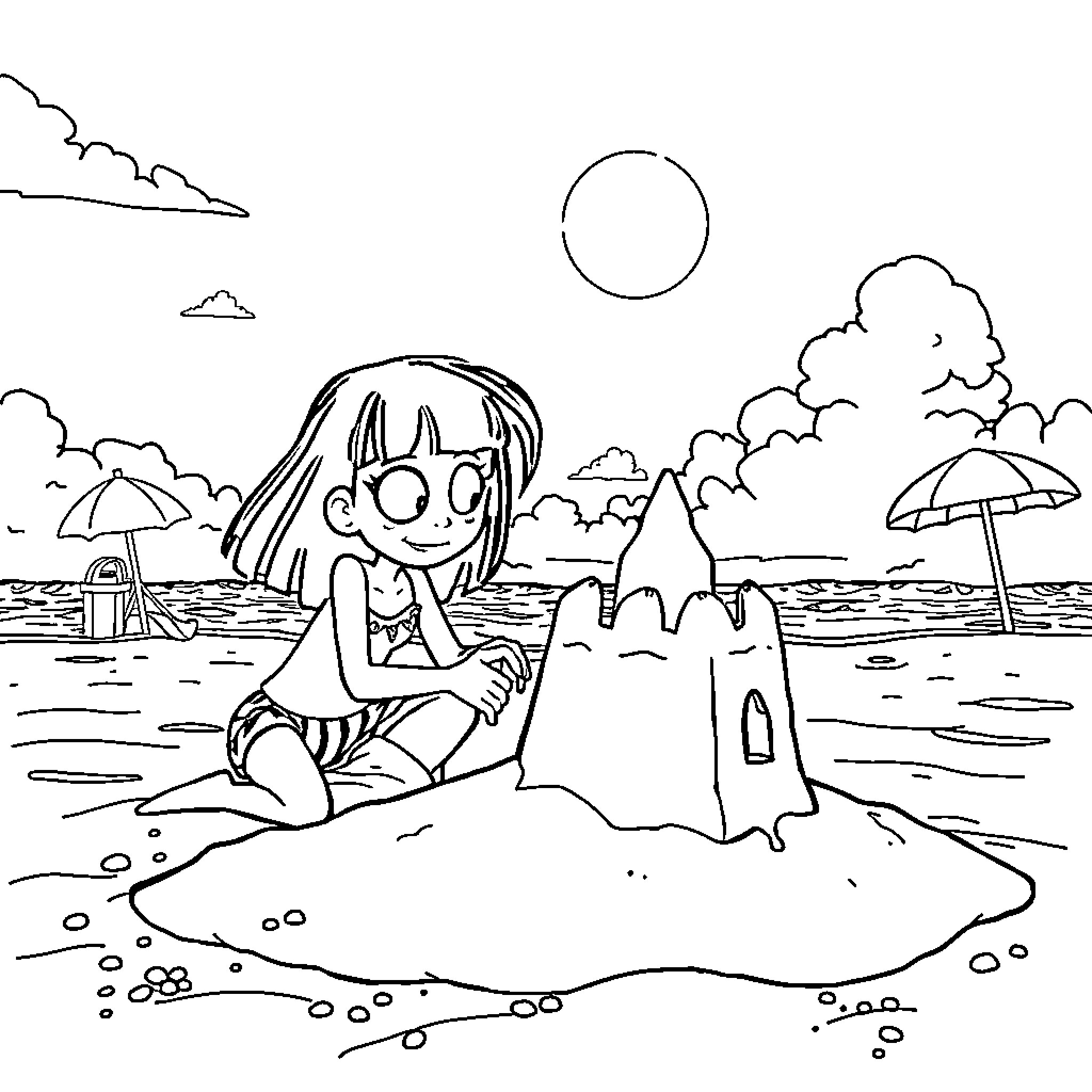 Coraline building a sandcastle on the beach Coloring Page (free black-and-white line drawing printable PDF for all, from beginners to advanced learners, including children, teens, adults, and seniors)