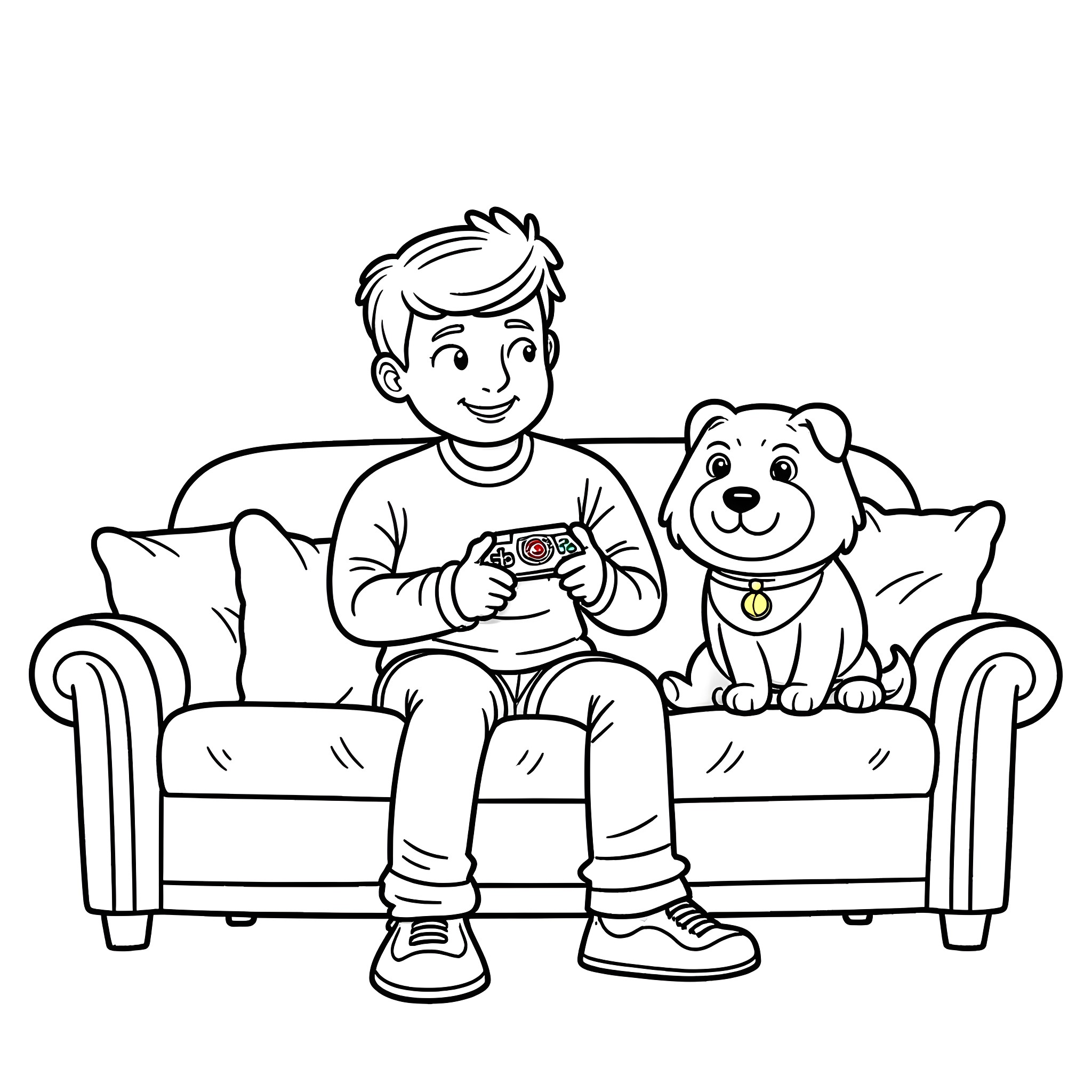 Diet Dr Pepper: Boy playing video games with dog on sofa Coloring Page (free black-and-white line drawing printable PDF for all, from beginners to advanced learners, including children, teens, adults, and seniors)