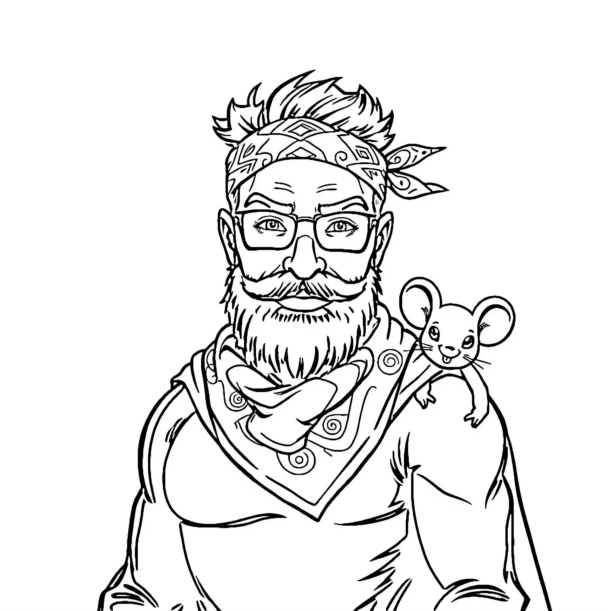 Superhero with Quirky Accessories and Friendly Companion Coloring Page (free black-and-white line drawing printable PDF for all, from beginners to advanced learners, including children, teens, adults, and seniors)