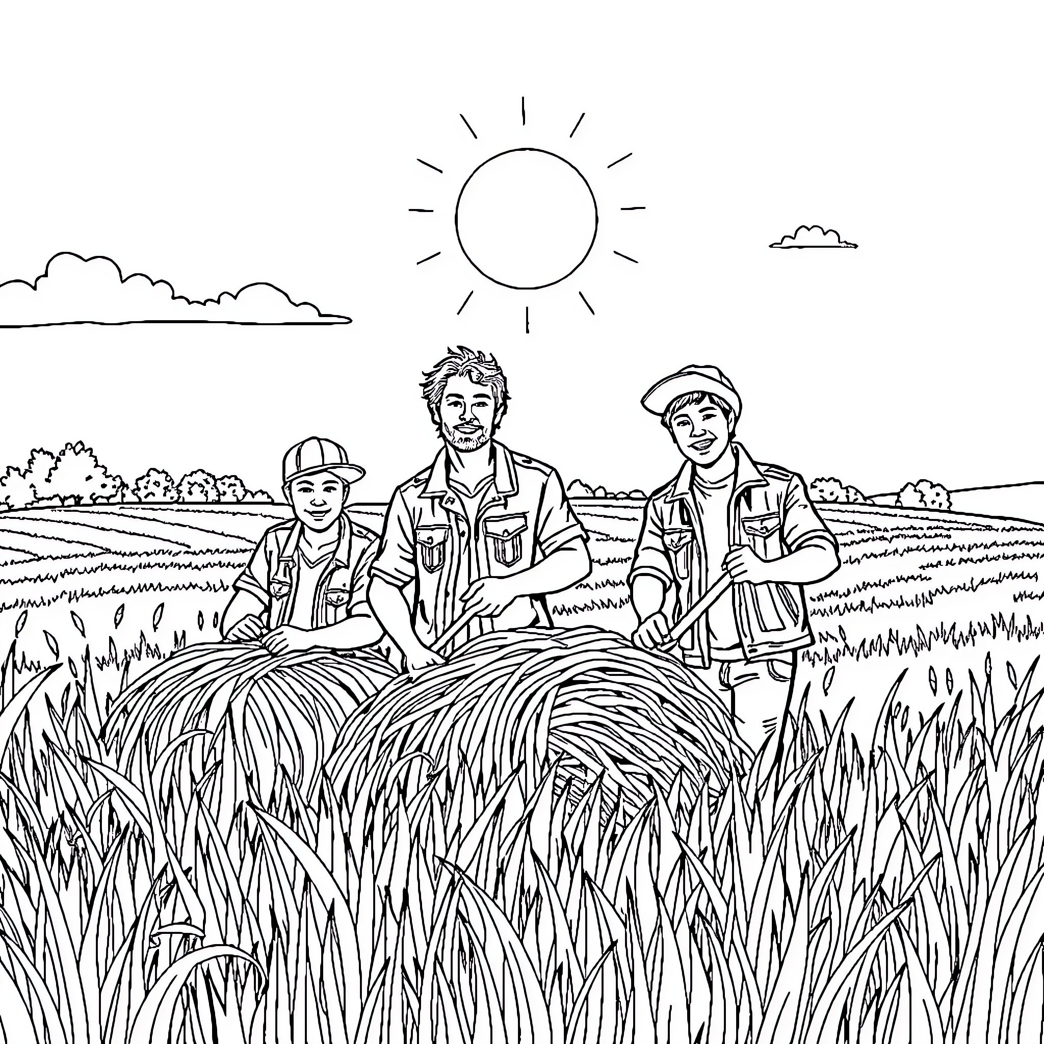 Backstreet Boys Farming in Scenic Countryside Coloring Page (free black-and-white line drawing printable PDF for all, from beginners to advanced learners, including children, teens, adults, and seniors)