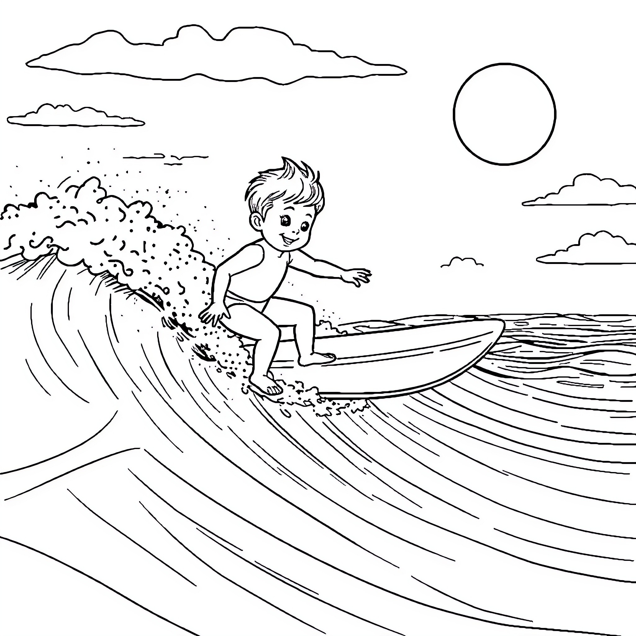 Bebe surfs on the waves with joy Coloring Page (free black-and-white line drawing printable PDF for all, from beginners to advanced learners, including children, teens, adults, and seniors)