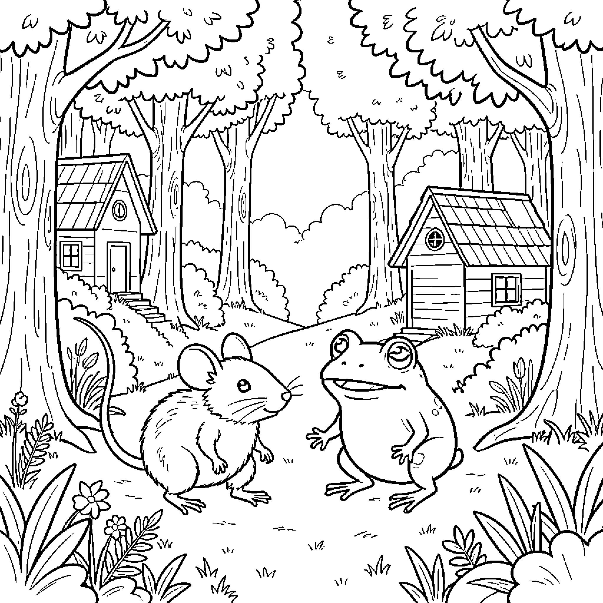 Mouse talking friendly to a frog in the forest Coloring Page (free black-and-white line drawing printable PDF for all, from beginners to advanced learners, including children, teens, adults, and seniors)