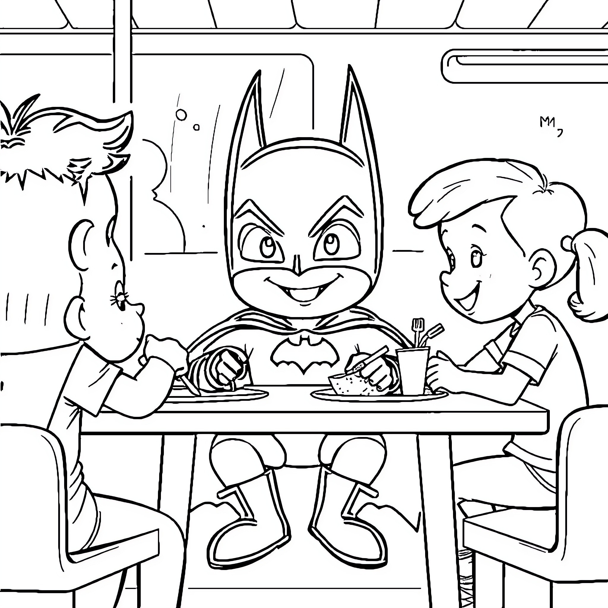 Batman having fun with children at the table Coloring Page (free black-and-white line drawing printable PDF for all, from beginners to advanced learners, including children, teens, adults, and seniors)
