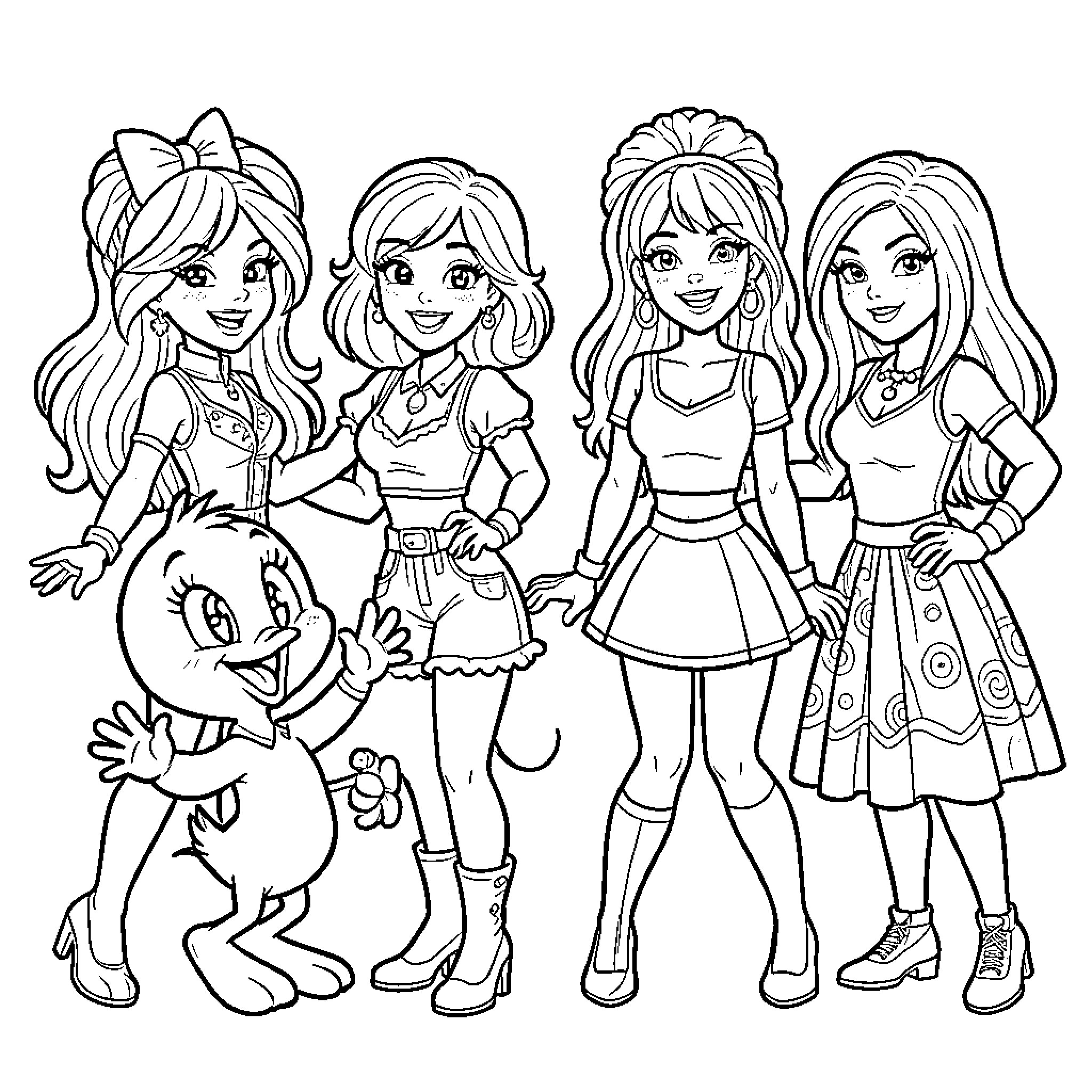 Tweety Bird and friends in stylish outfits Coloring Page (free black-and-white line drawing printable PDF for all, from beginners to advanced learners, including children, teens, adults, and seniors)