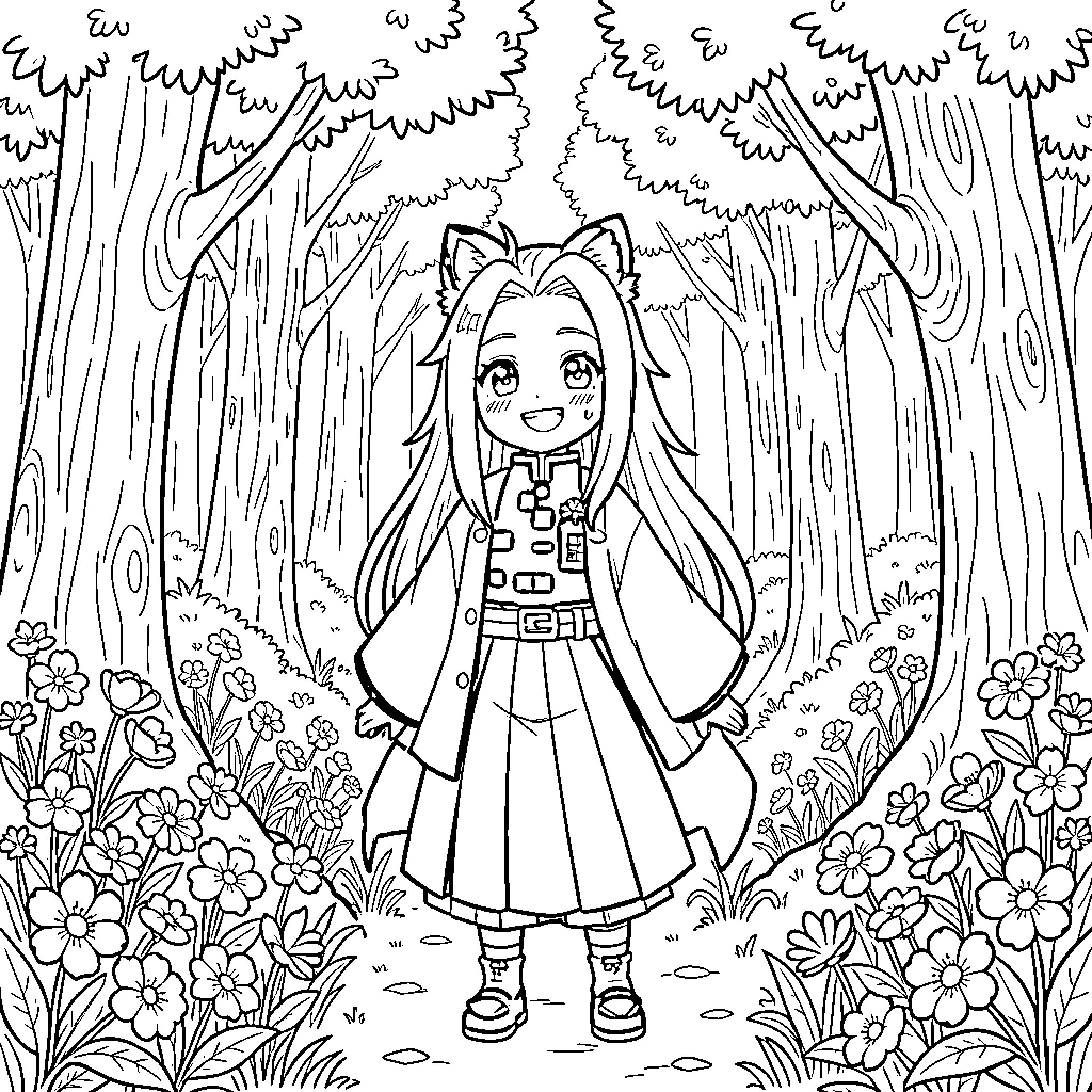 Nezuko exploring the enchanted forest Coloring Page (free black-and-white line drawing printable PDF for all, from beginners to advanced learners, including children, teens, adults, and seniors)