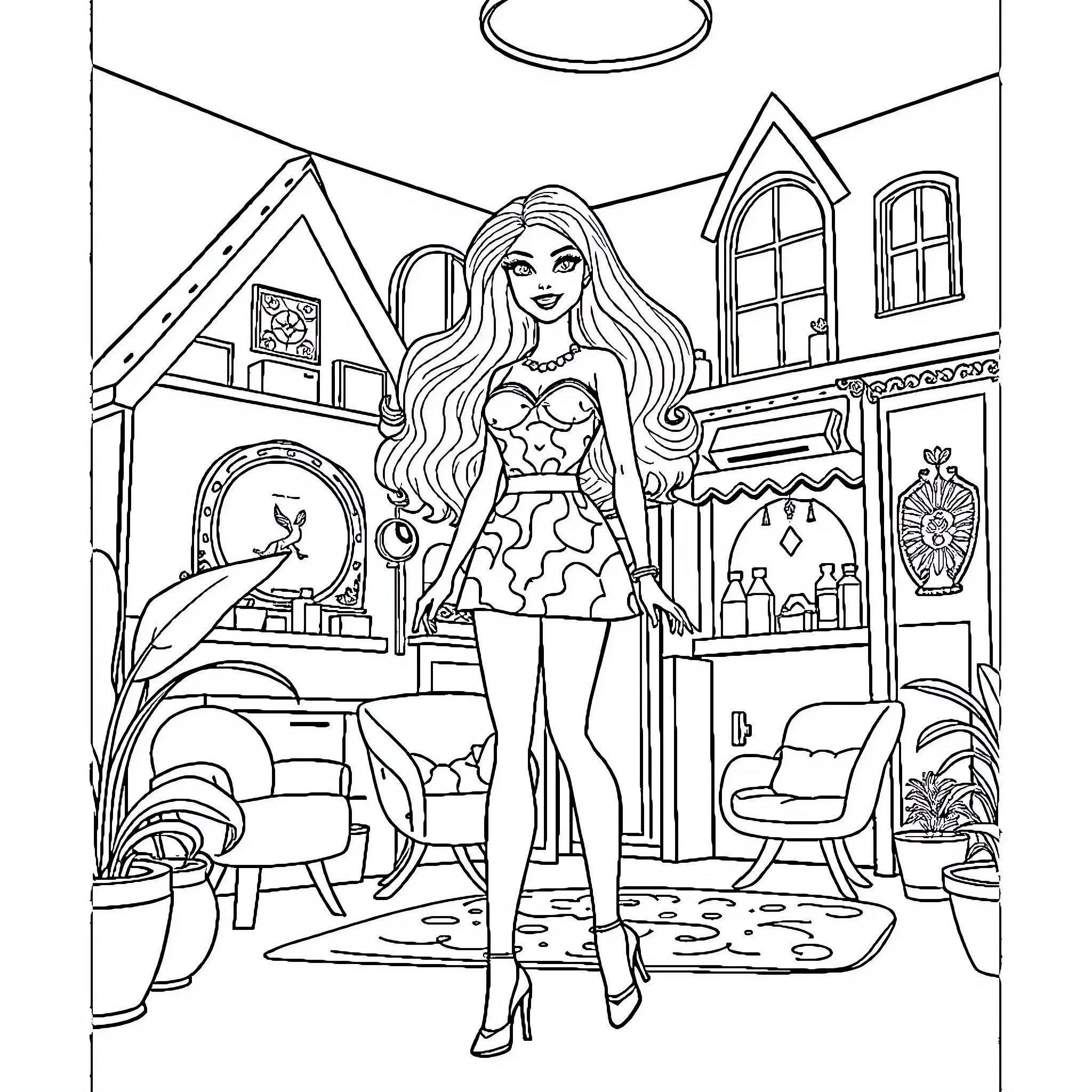 Barbie posing confidently in a stylish living room Coloring Page (free black-and-white line drawing printable PDF for all, from beginners to advanced learners, including children, teens, adults, and seniors)