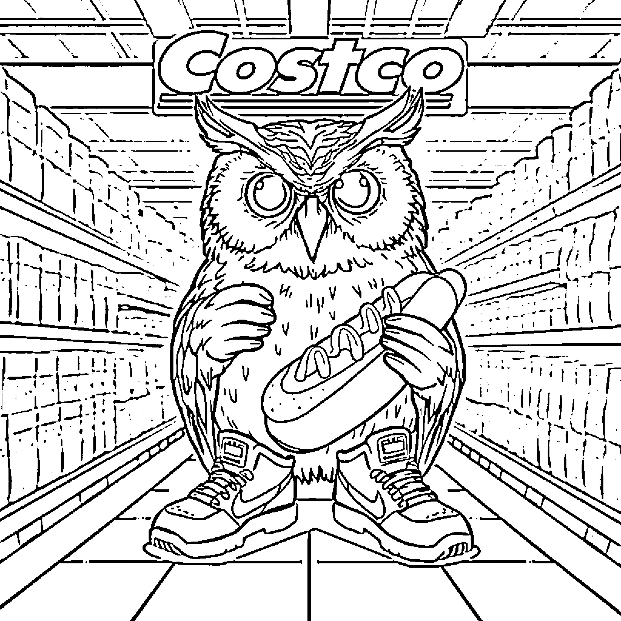 Owl shopping at the Costco store Coloring Page (free black-and-white line drawing printable PDF for all, from beginners to advanced learners, including children, teens, adults, and seniors)