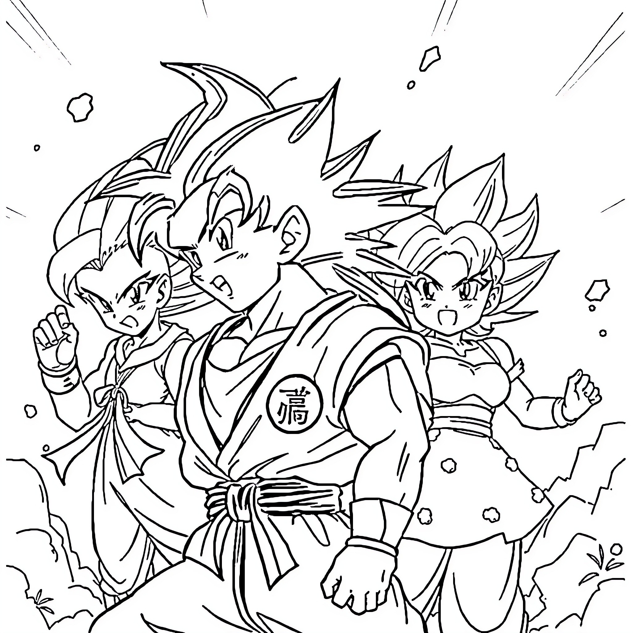 Dragon Ball Z - Energetic Goku and Gohan in Action Coloring Page (free black-and-white line drawing printable PDF for all, from beginners to advanced learners, including children, teens, adults, and seniors)
