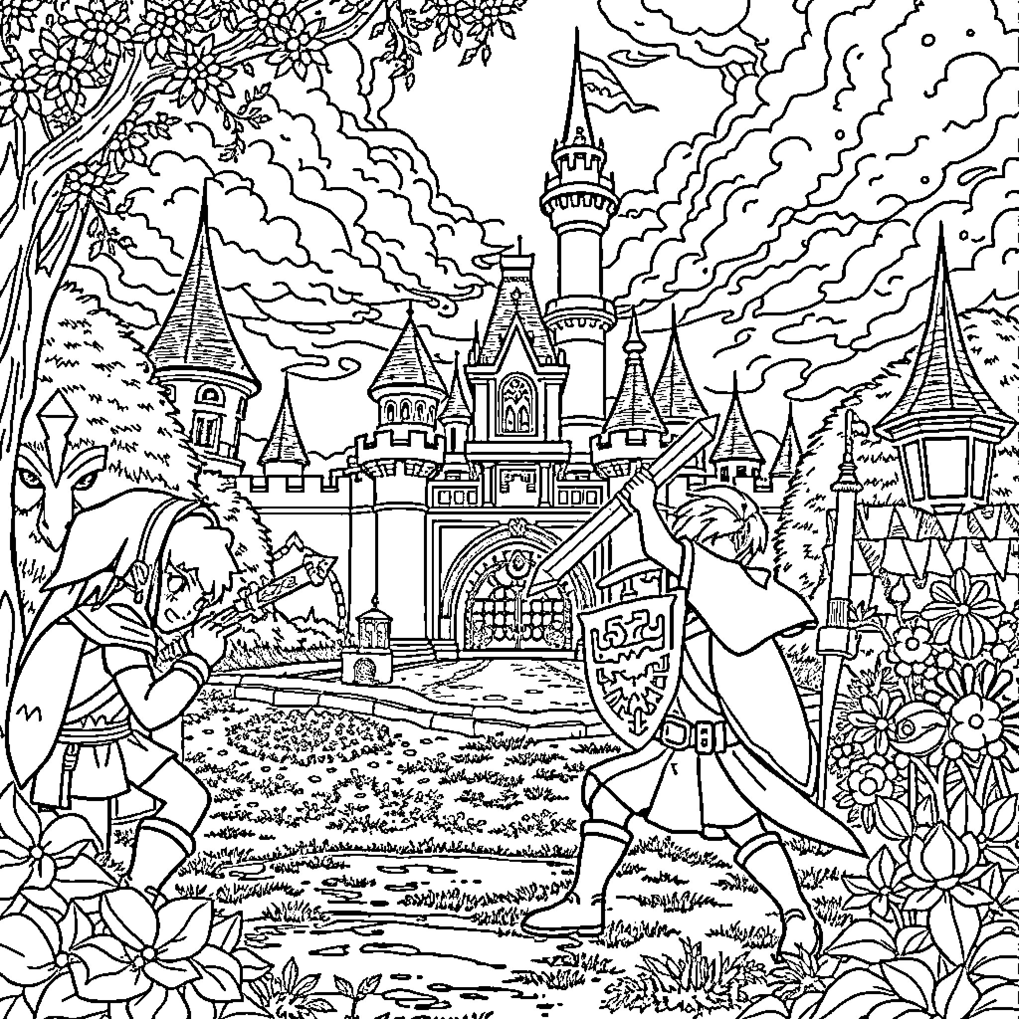 Legend of Zelda: Warriors exploring enchanted castle grounds Coloring Page (free black-and-white line drawing printable PDF for all, from beginners to advanced learners, including children, teens, adults, and seniors)