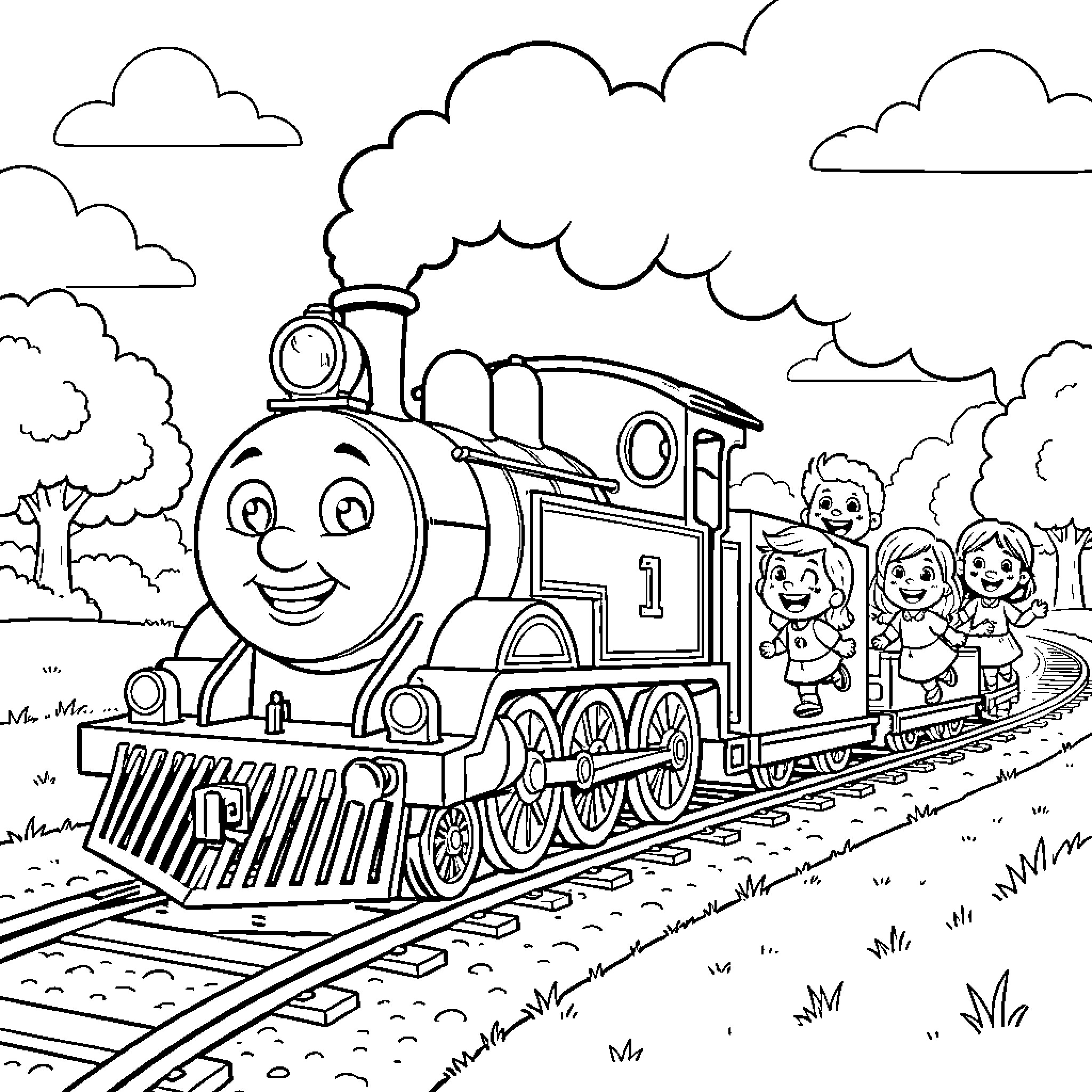 Thomas the tank engine pulling happy children on tracks Coloring Page (free black-and-white line drawing printable PDF for all, from beginners to advanced learners, including children, teens, adults, and seniors)