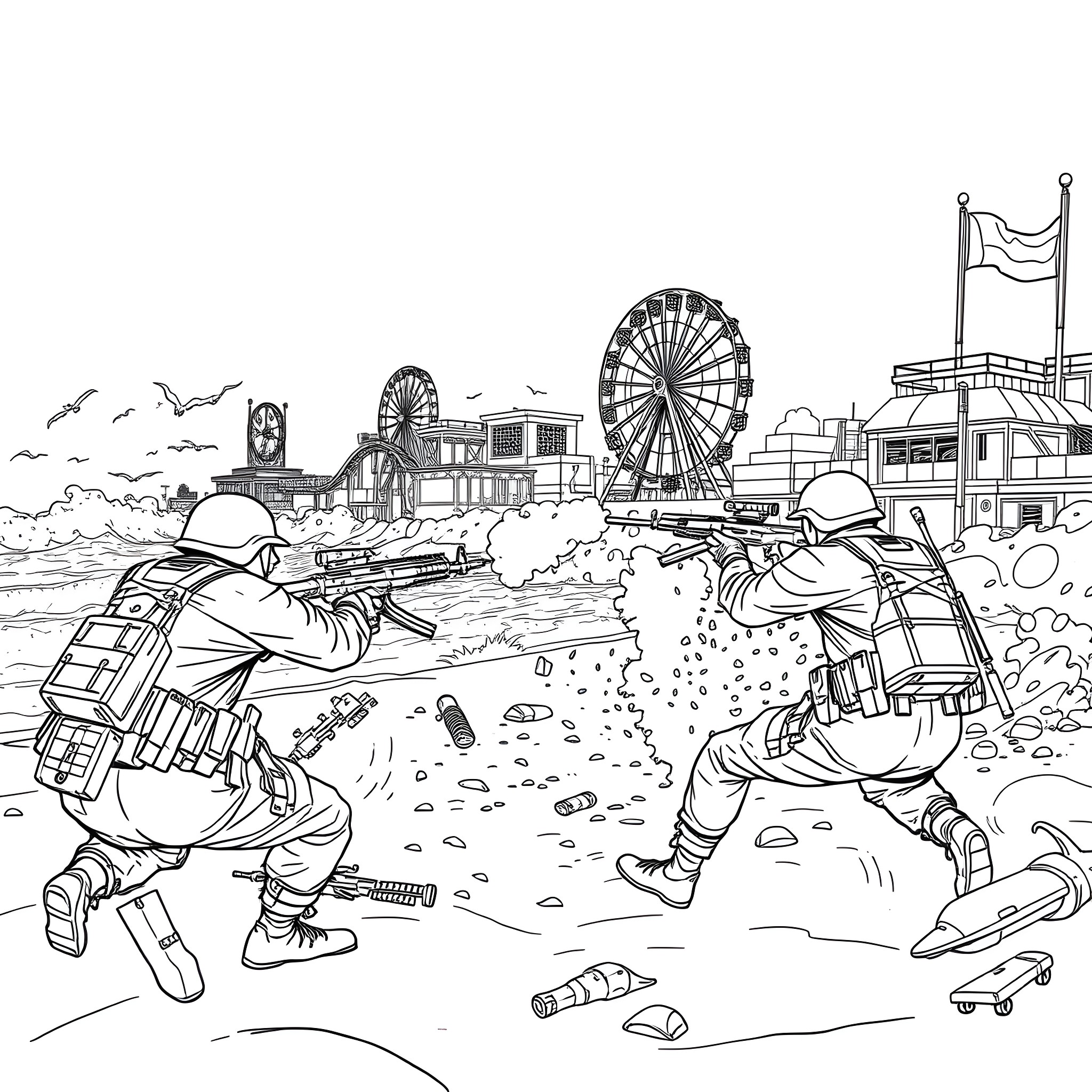 Beach Warfare: Tactical Skirmish at the Amusement Park Coloring Page (free black-and-white line drawing printable PDF for all, from beginners to advanced learners, including children, teens, adults, and seniors)
