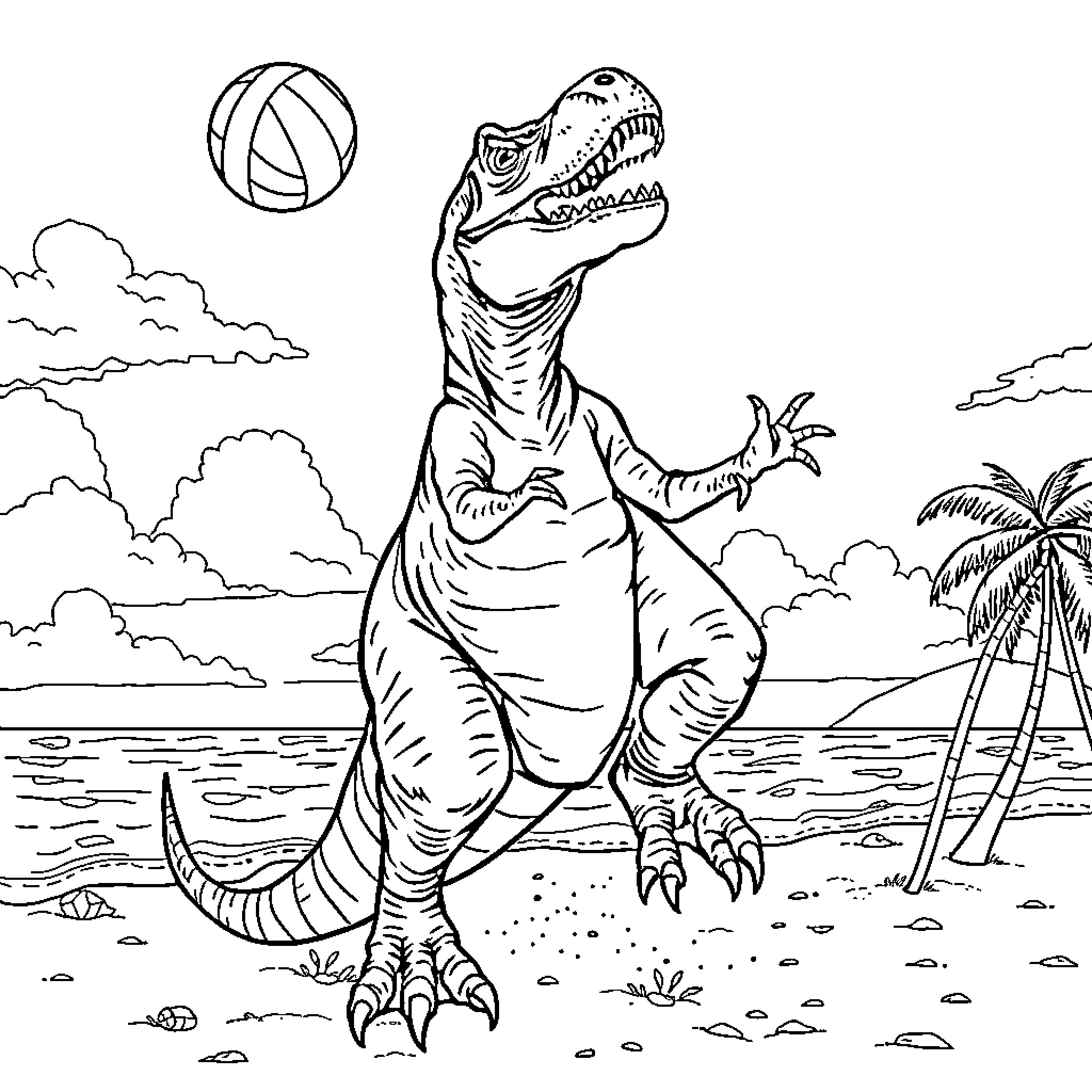 T-Rex playing with beach ball on tropical island Coloring Page (free black-and-white line drawing printable PDF for all, from beginners to advanced learners, including children, teens, adults, and seniors)