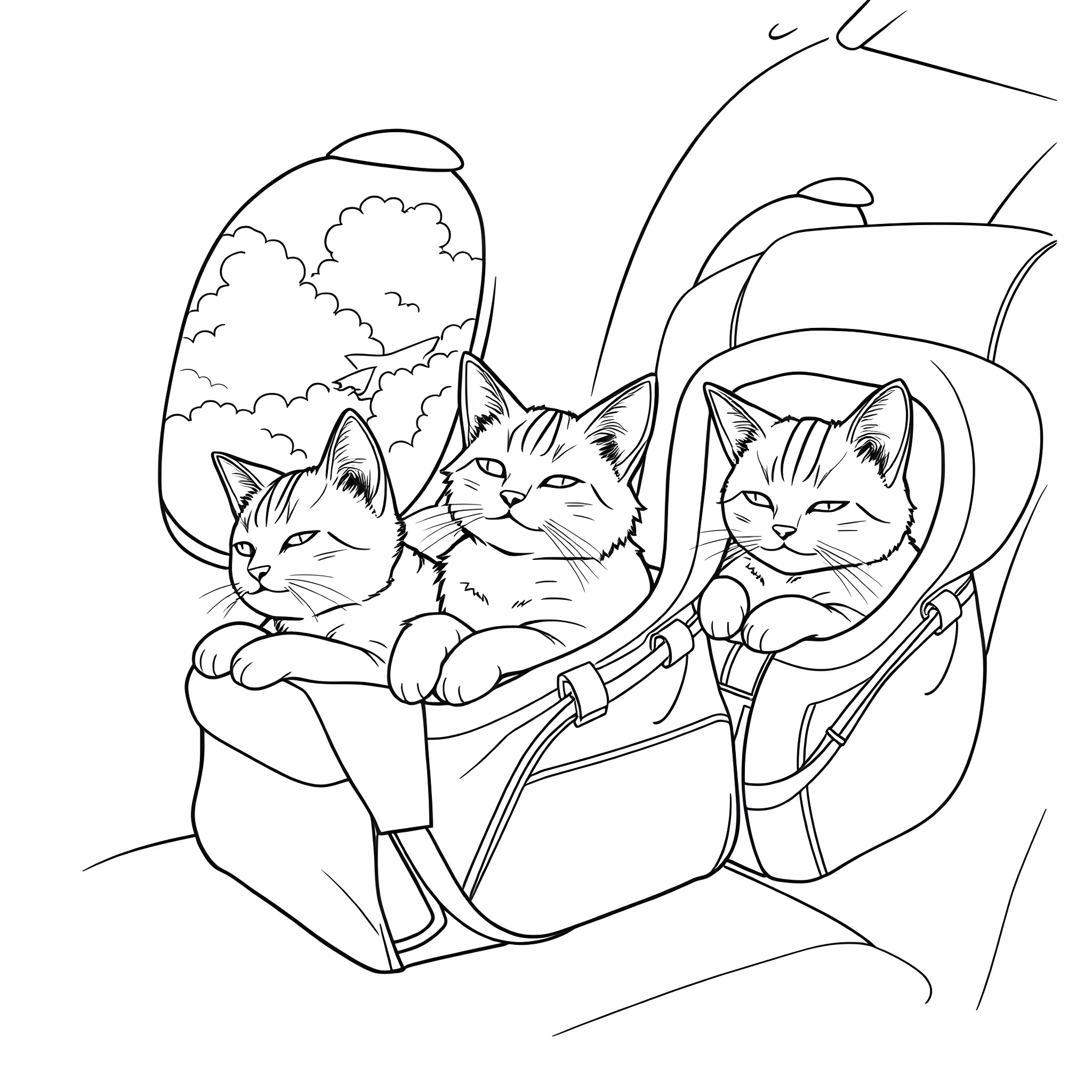 Cats riding in a car together Coloring Page (free black-and-white line drawing printable PDF for all, from beginners to advanced learners, including children, teens, adults, and seniors)