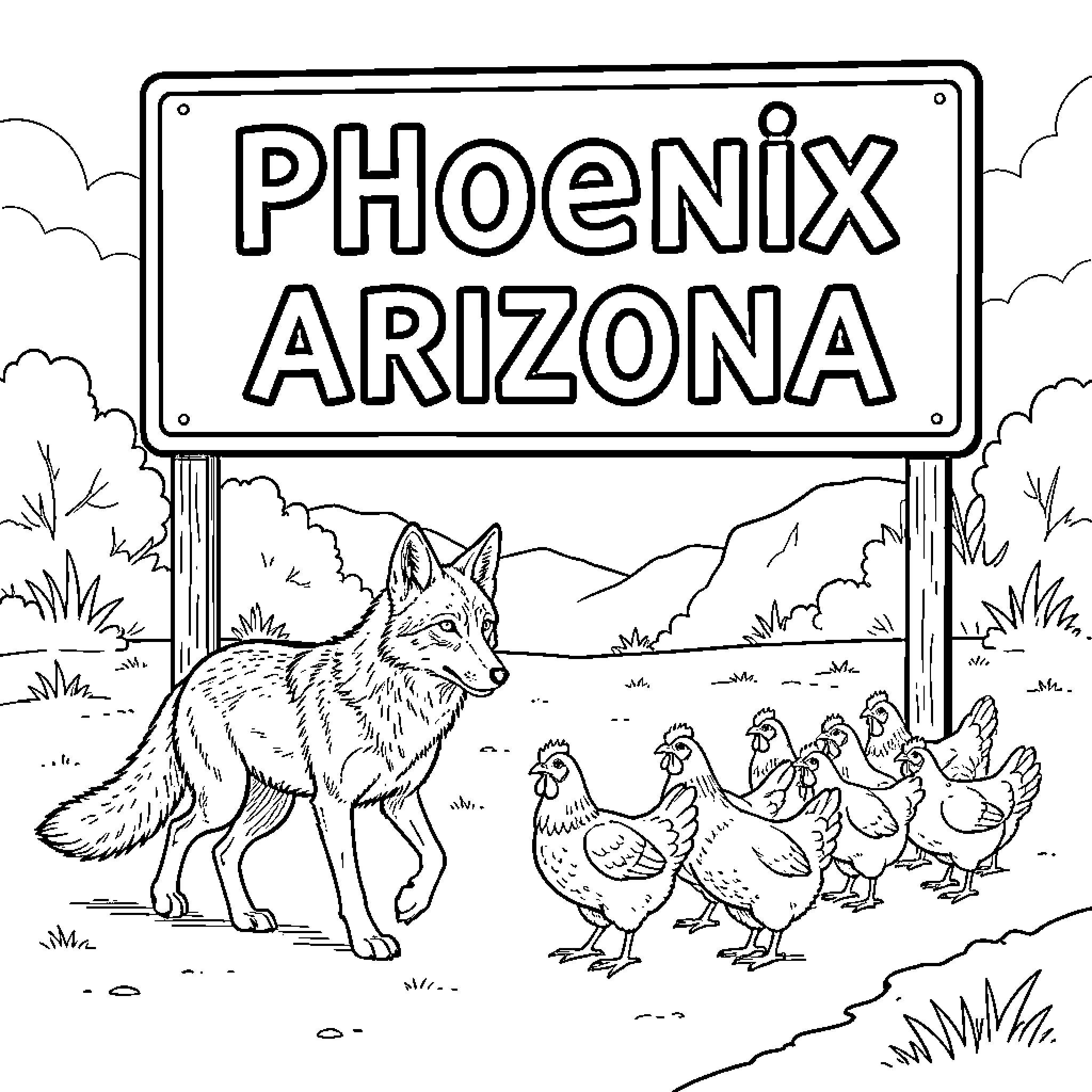Coyote walking past a group of chickens Coloring Page (free black-and-white line drawing printable PDF for all, from beginners to advanced learners, including children, teens, adults, and seniors)