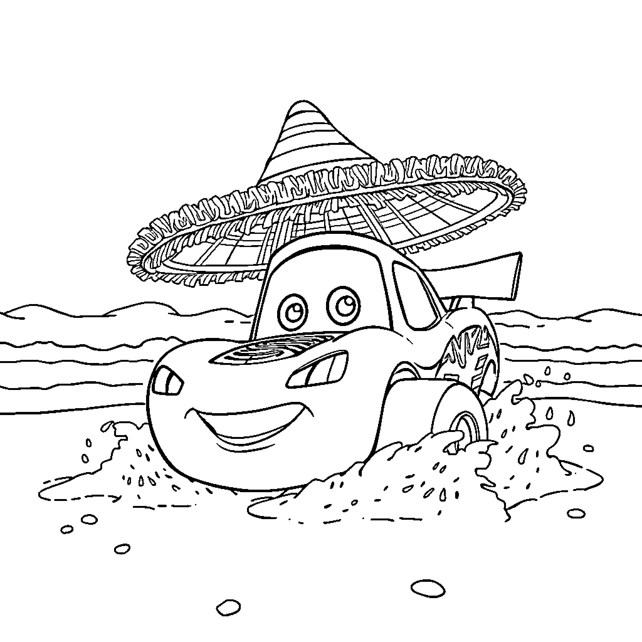 Rayo McQueen's Summer Beachside Adventure Coloring Page (free black-and-white line drawing printable PDF for all, from beginners to advanced learners, including children, teens, adults, and seniors)