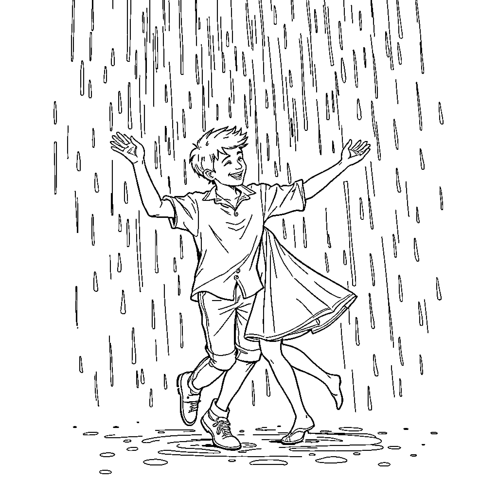 Dancer enjoying the rain joyfully Coloring Page (free black-and-white line drawing printable PDF for all, from beginners to advanced learners, including children, teens, adults, and seniors)